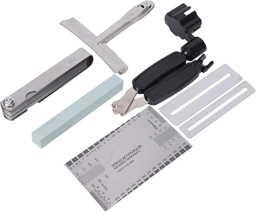 Guitar Tool Set, Professional Guitar Accessories, Stainless Steel Radius Gauge and String Action Ruler with Fingerboard Guards, Includes Sander and Polishing Stone for Electric Gui