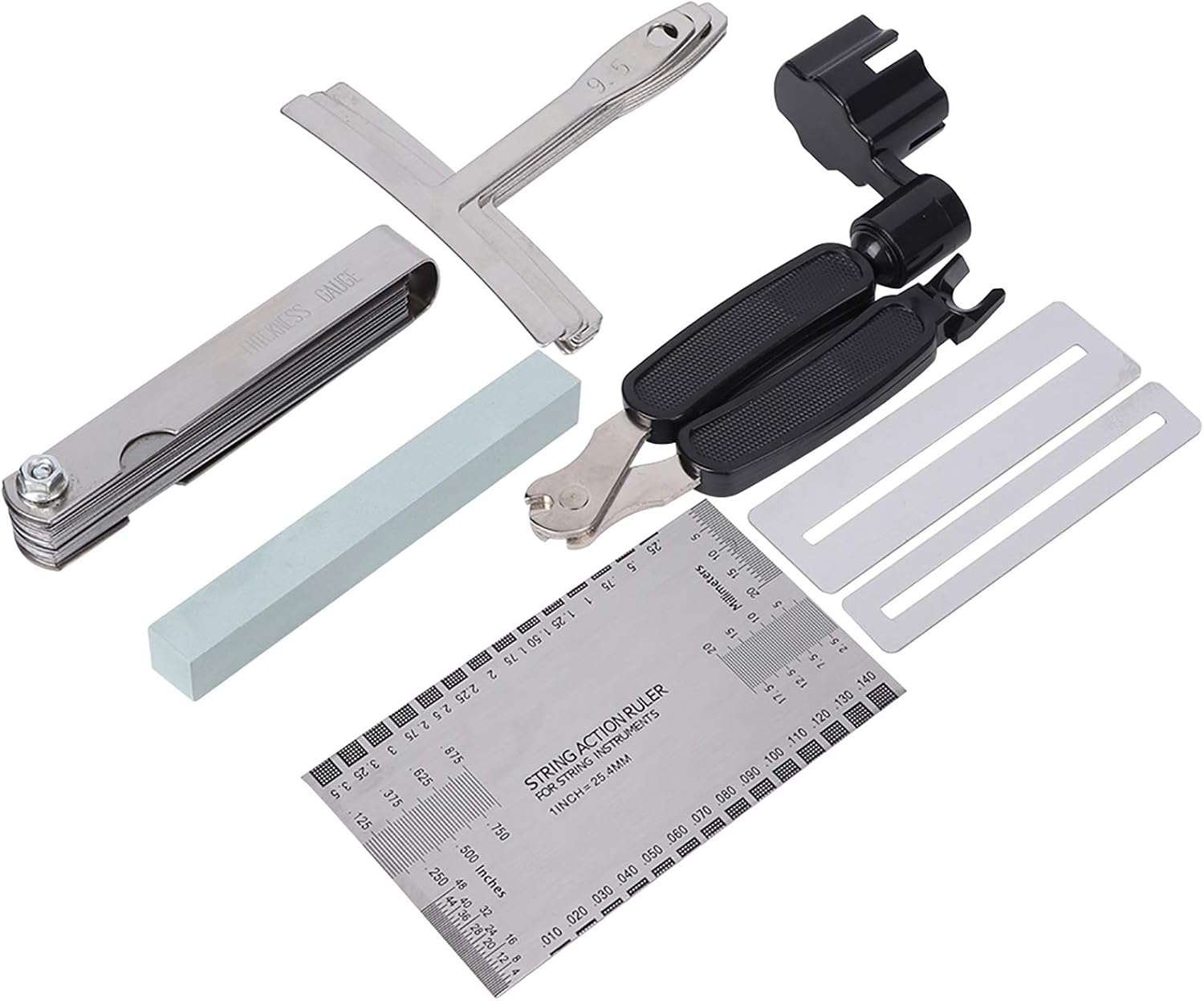 Guitar Tool Set, Professional Guitar Accessories, Stainless Steel Radius Gauge and String Action Ruler with Fingerboard Guards, Includes Sander and Polishing Stone for Electric Gui