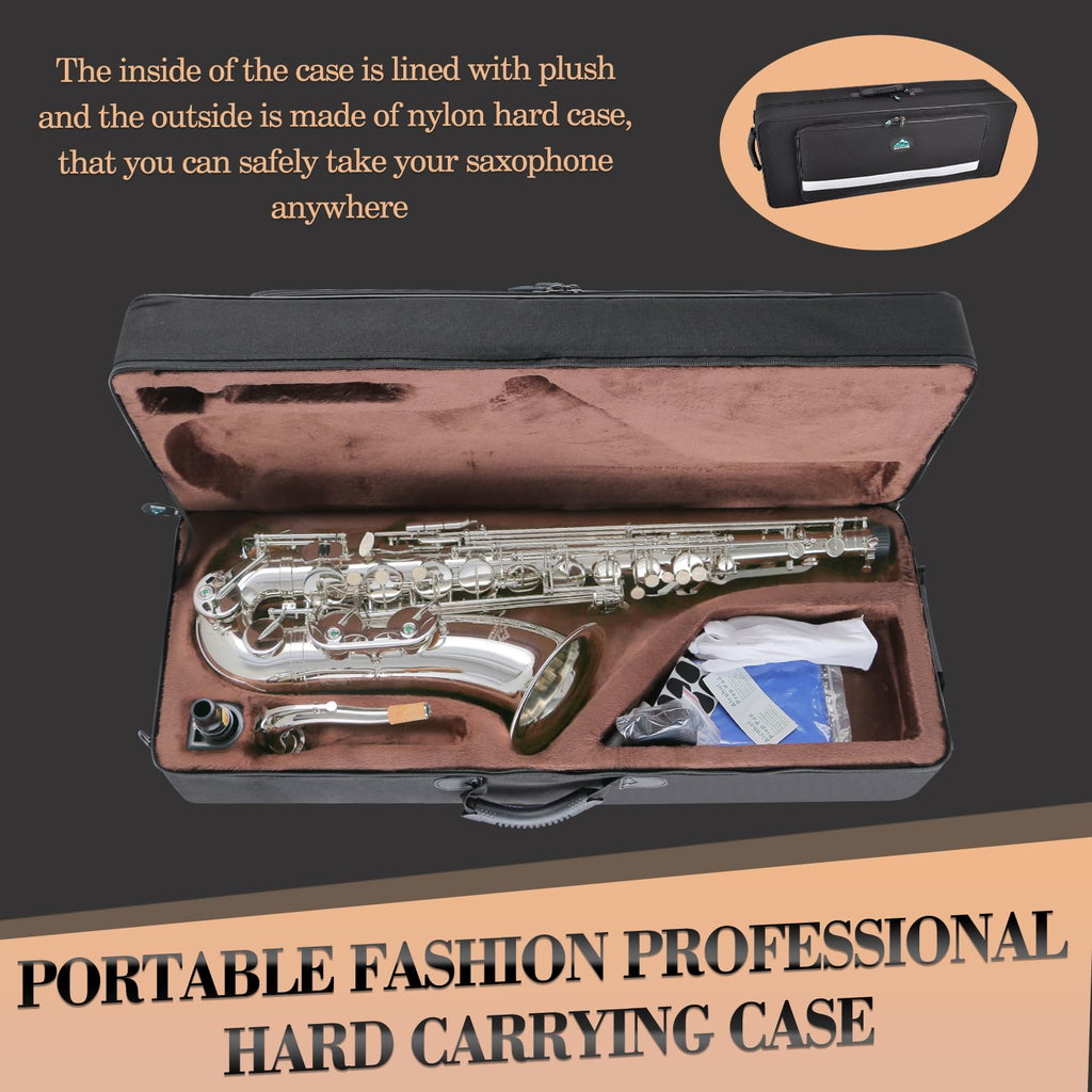 EASTROCK Nickel Tenor Saxophone B Flat Tenor Sax Professional Tenor Saxophone for Beginners Students and Musicians with Carrying Case,Mouthpiece,Reeds,Cushion Pads,Cleaning Kit,Neck Strap