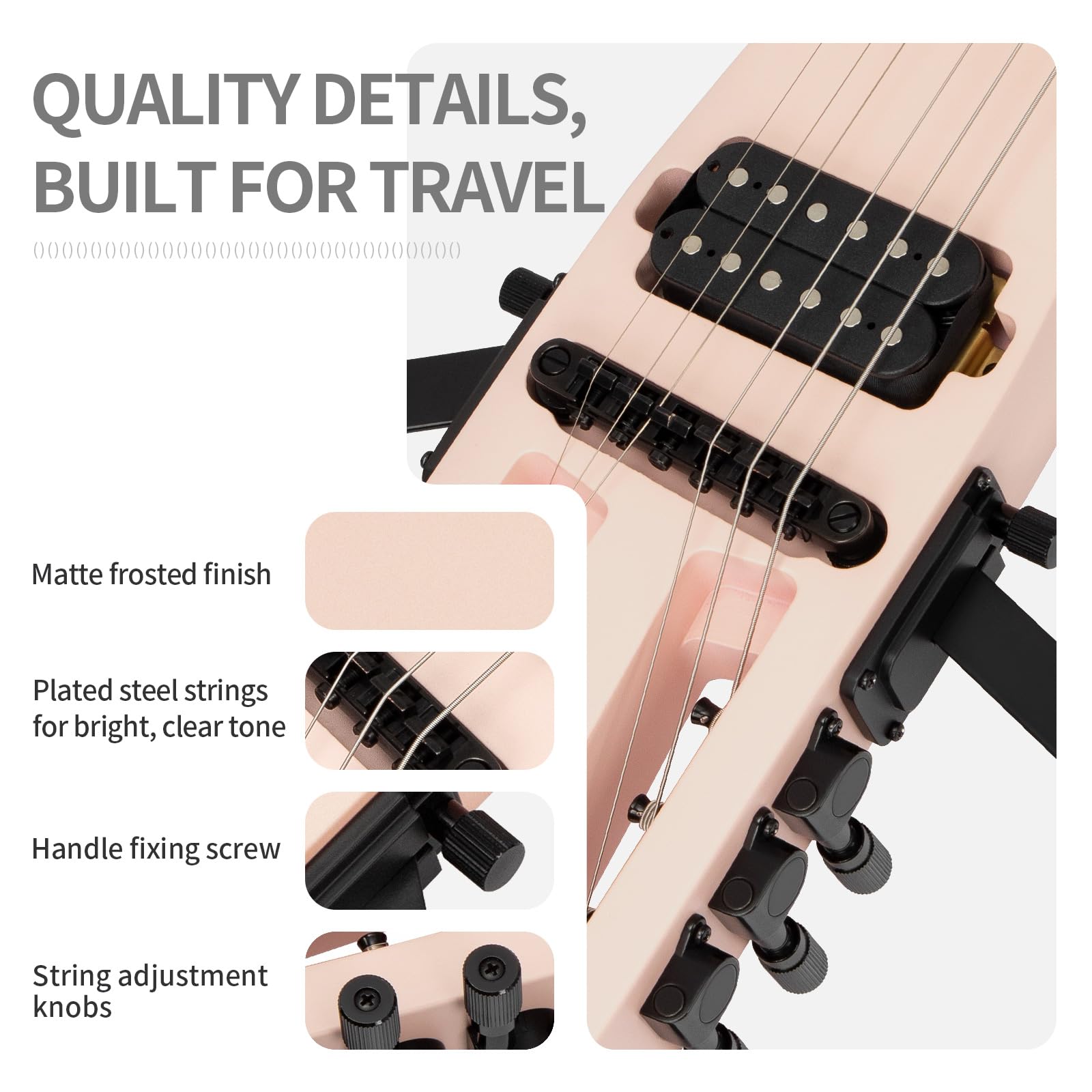 Anygig Travel Electric Guitar Headless – Portable Ultra-Light and Quiet, Full-Scale 25.5” Rosewood Fingerboard, Glow Humbucker, Gig Bag, Removable Stands for Left and Right Black