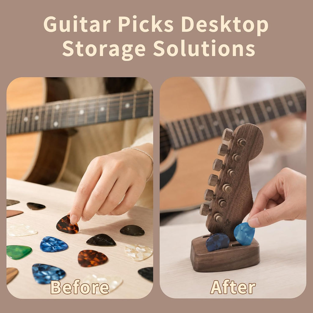 Rockhouse Wooden Guitar Headstock Pick Holder, Walnut Solid Wood Storage Stand Plectrum Organizer with 4 Pick Slots, Gift for Fender Guitarist
