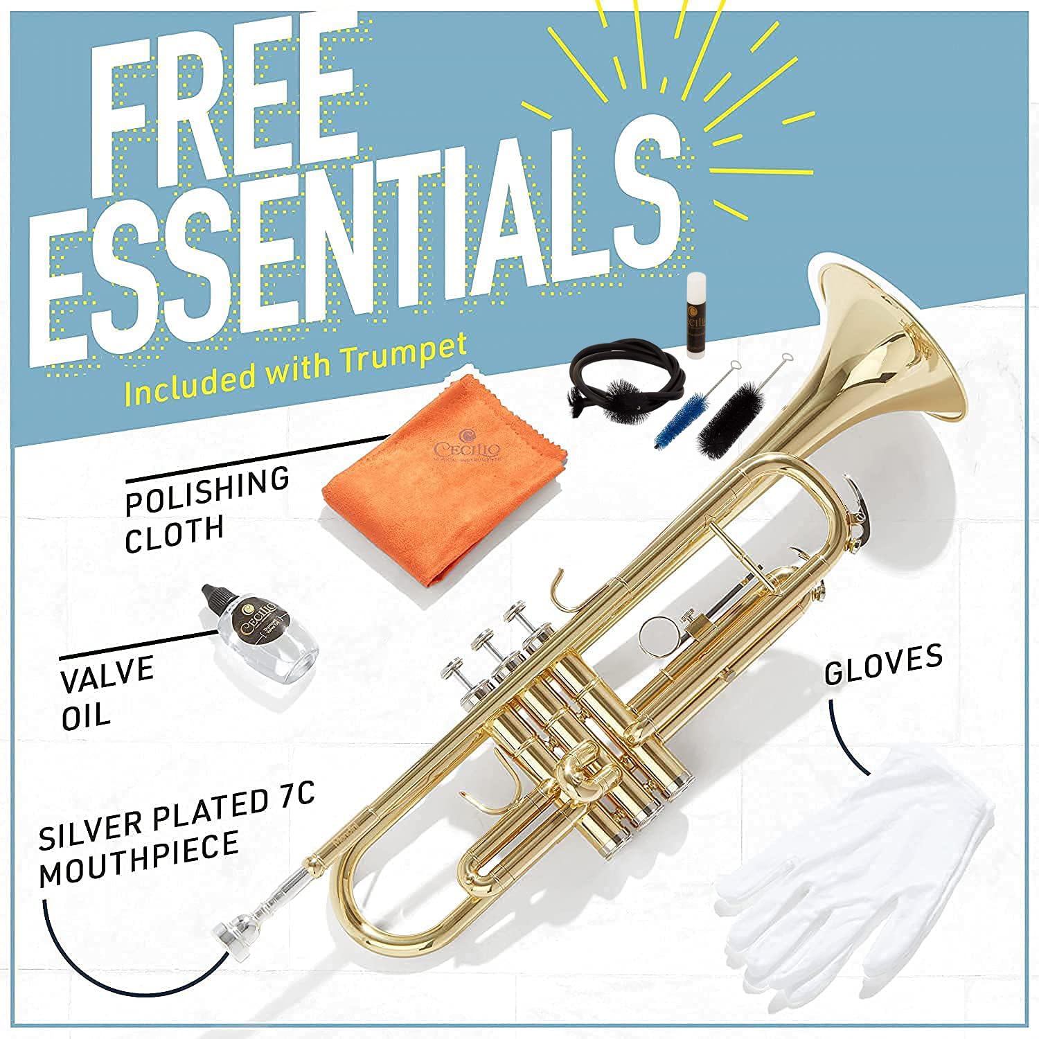 Mendini By Cecilio Bb Standard Trumpet Set for Beginners - Brass Trumpet Instrument with Hard Case, 7C Mouthpiece, Valve Oil, Cleaning Cloth, Maintenance kit and Gloves (Gold)