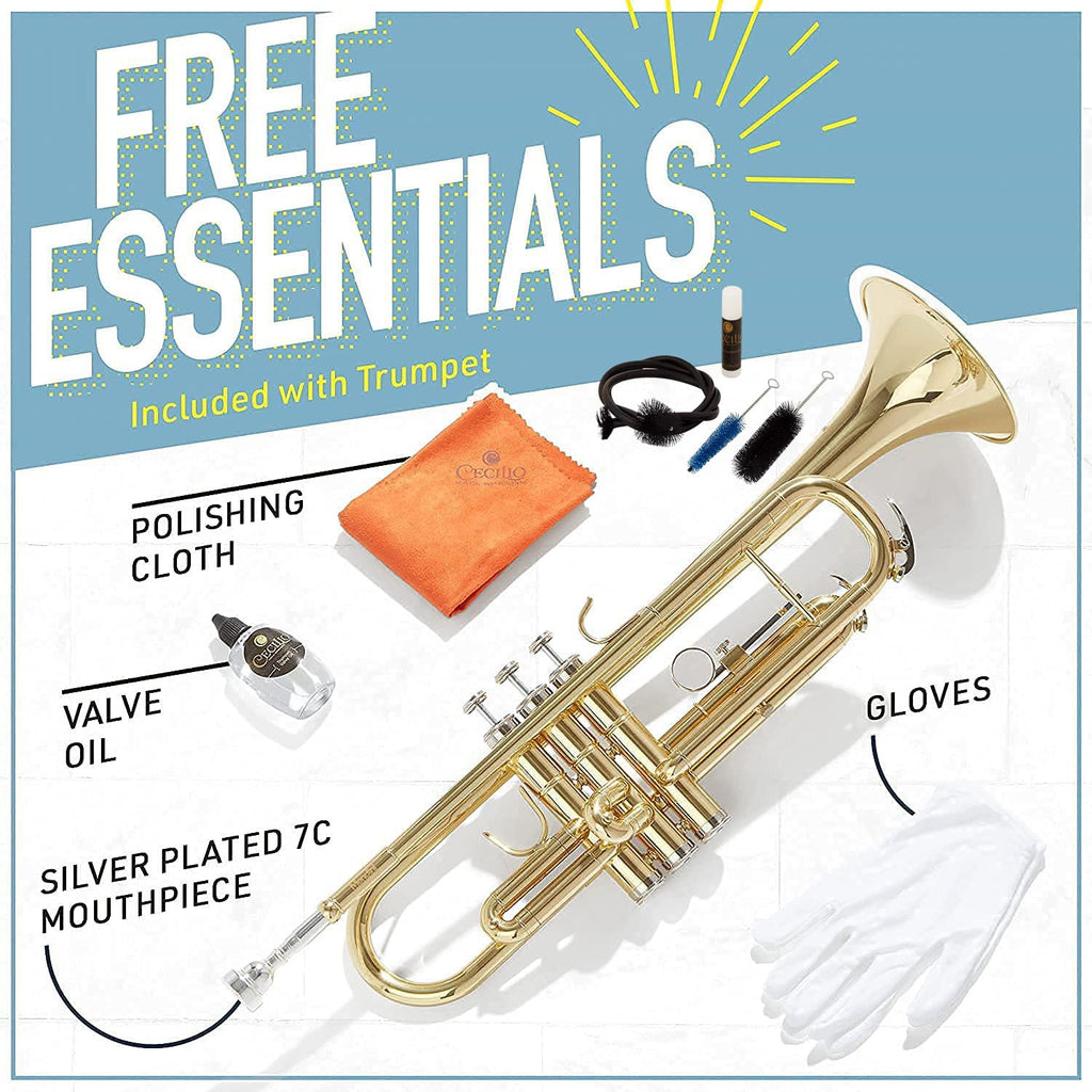 Mendini By Cecilio Bb Standard Trumpet Set for Beginners - Brass Trumpet Instrument with Hard Case, 7C Mouthpiece, Valve Oil, Cleaning Cloth, Maintenance kit and Gloves (Gold)