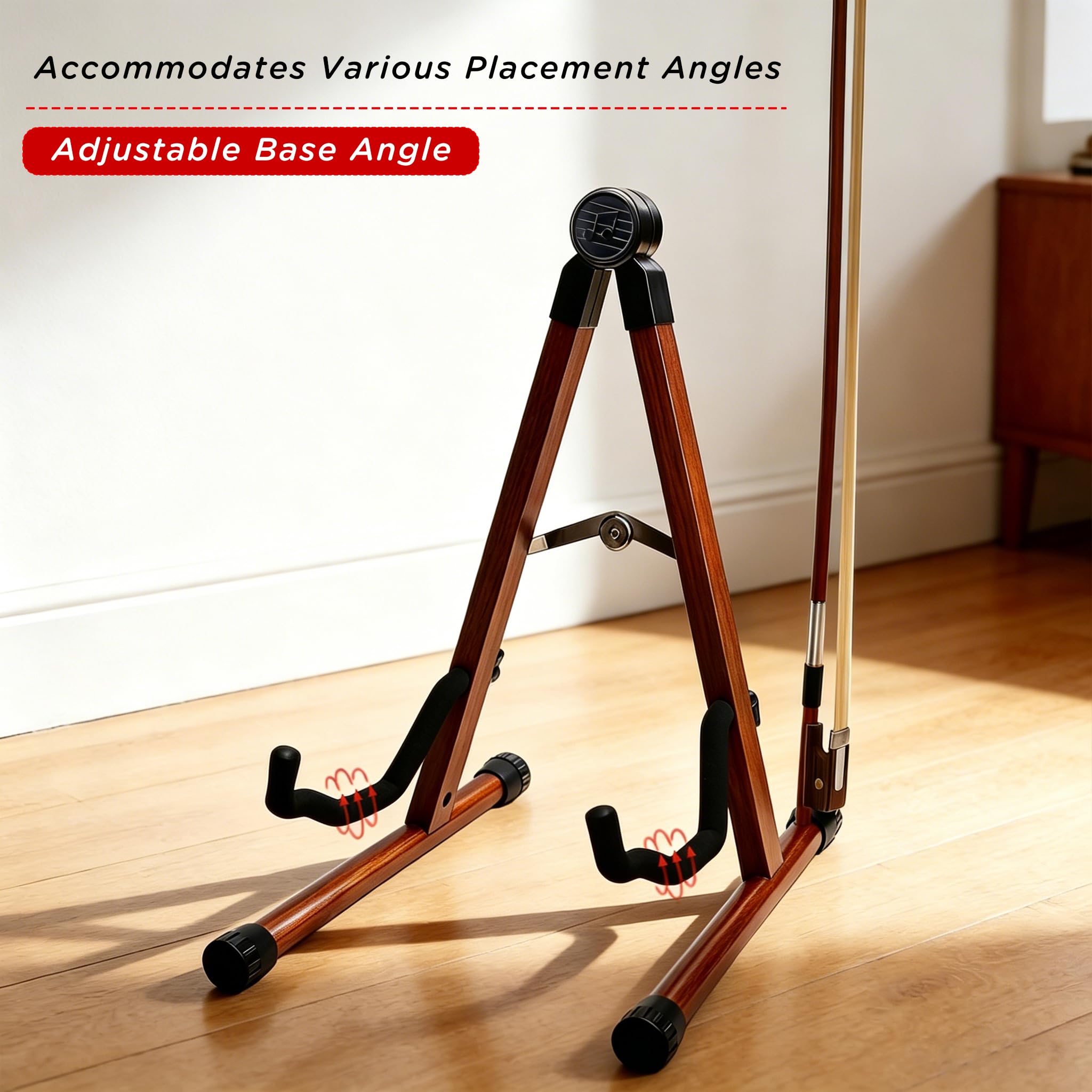 Cello Stand with Bow Holder, Wooden Stand for 1/2, 3/4, 7/8, 4/4 Full-Size, A-Frame Floor Cello Stand with Padded Foam and Non Slip Pad, Cello Display Stand (Black Walnut)