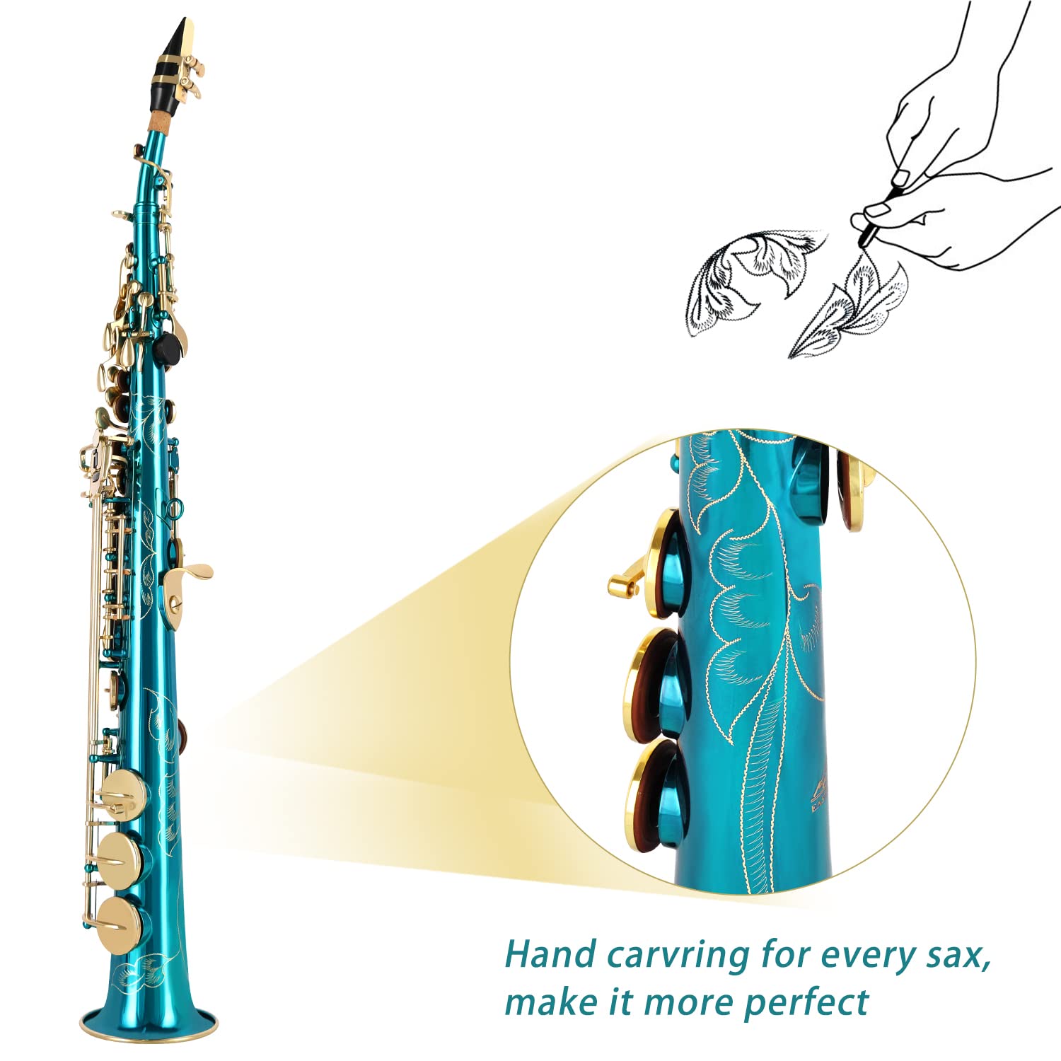 EASTROCK Soprano Saxophone Curved Bb Flat Black Sax Instruments for Beginners Intermediate Players with Carrying Case,Mouthpiece,Pads,Reed,Cleaning kit,neck Strap,White Gloves