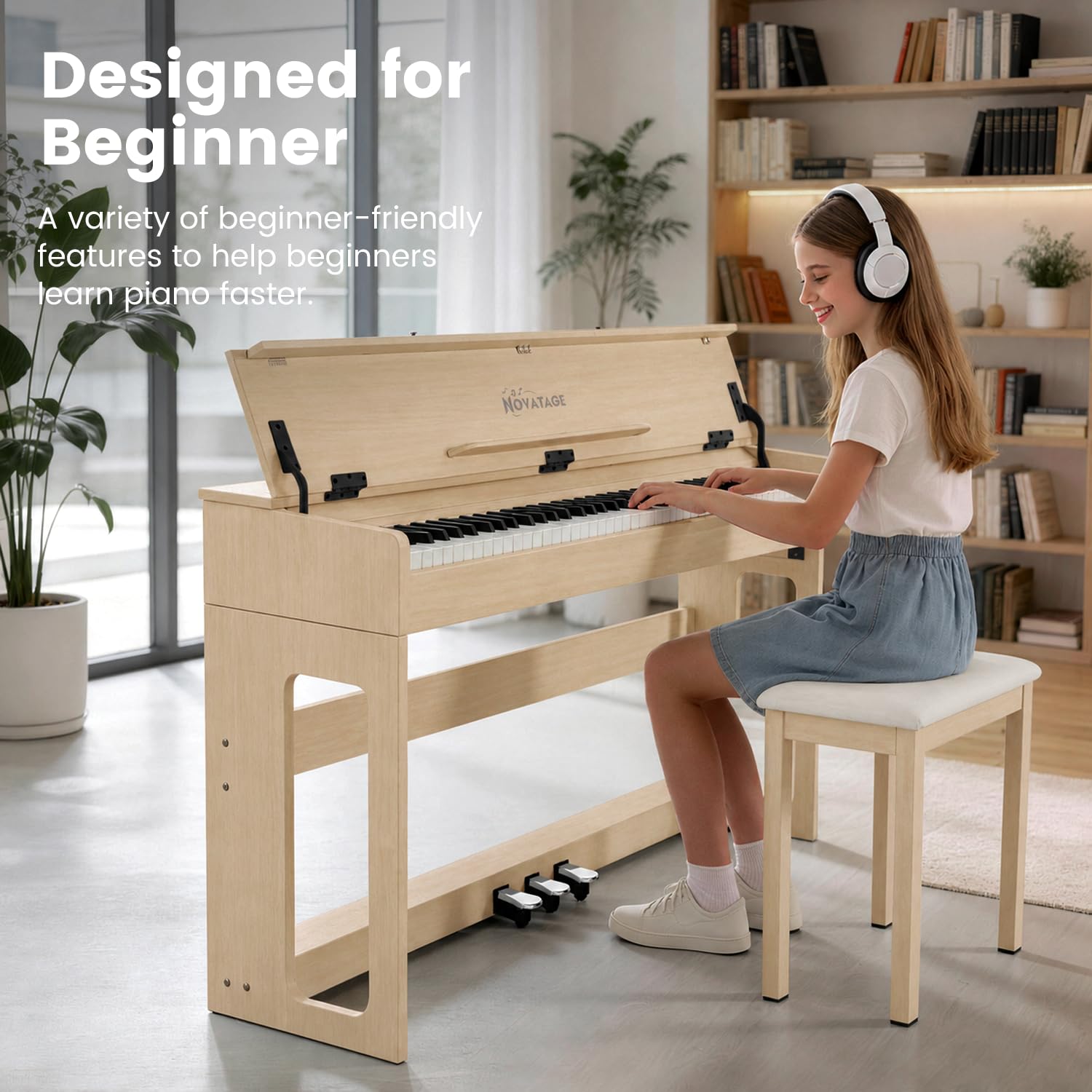 88-Key Weighted Piano Keyboard, Hammer Action Digital Piano with Speakers, Wooden Electric Piano with bench, Triple Pedal, Headphone, cover, Supports MIDI Connecting (Brown)