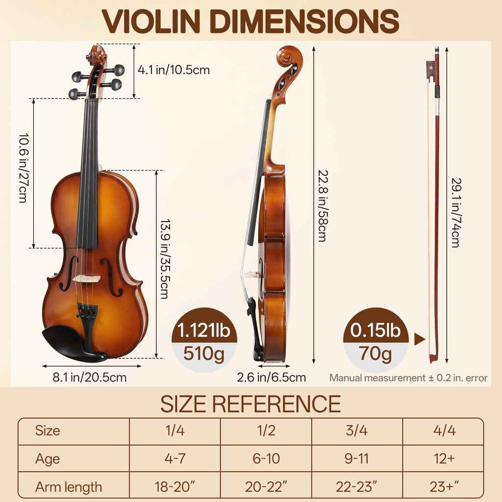 Kmise Teacher Approved 4/4 Full Size Violin Starter Kit for Adults Beginners Students, High Density Ebony Acoustic Violins, Fiddle Bundle with Case, Bow, Rosin, Strings, Shoulder Rest & Guide