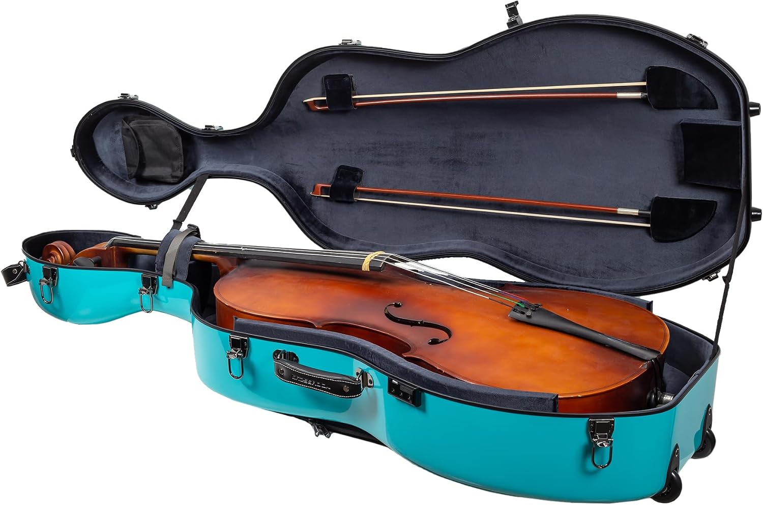 Crossrock Fiberglass 4/4 Cello Case with Wheels – Mint Blue Finish, Grey Velvet Interior, Lock, Music Pouch – Hardshell Travel Case (CRF2020CEFMB)