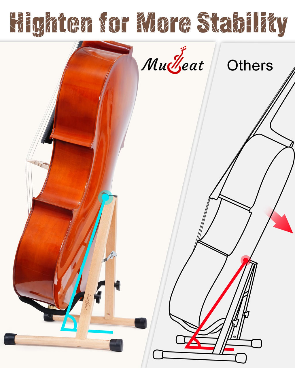 Cello Stand with Bow Holder, Mahogany Wooden A-Shape Floor Stand with Padded Foam, Handcrafted Cello Rack Fits 1/2, 3/4, 7/8, 4/4 Full-Size and Guitar, Instrument Holder for Home and Studio Display