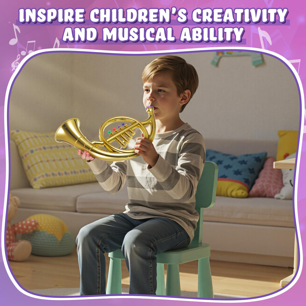 Lewtemi Gold Trumpet Musical Instruments Toy for Kid Toddler Fake Plastic Preschool Music Toy Gift Non-Professional Wind Instrument Early Educational Teaching Songs Gifts for Toddlers Children