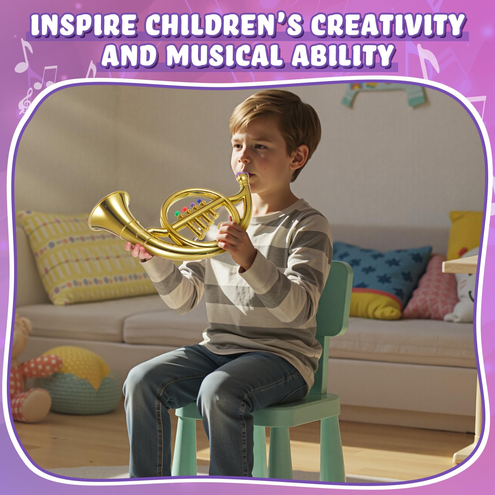 Lewtemi Gold Trumpet Musical Instruments Toy for Kid Toddler Fake Plastic Preschool Music Toy Gift Non-Professional Wind Instrument Early Educational Teaching Songs Gifts for Toddlers Children