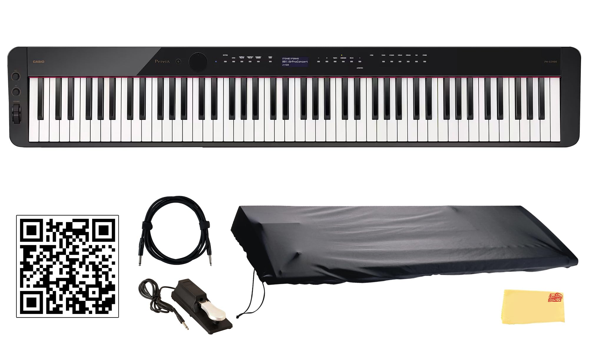 Casio Privia PX-S3100 Digital Piano - Black Bundle with Adjustable Stand, Bench, Headphones, Instructional Book, Online Lessons, Instructional DVD, and Austin Bazaar Polishing Cloth
