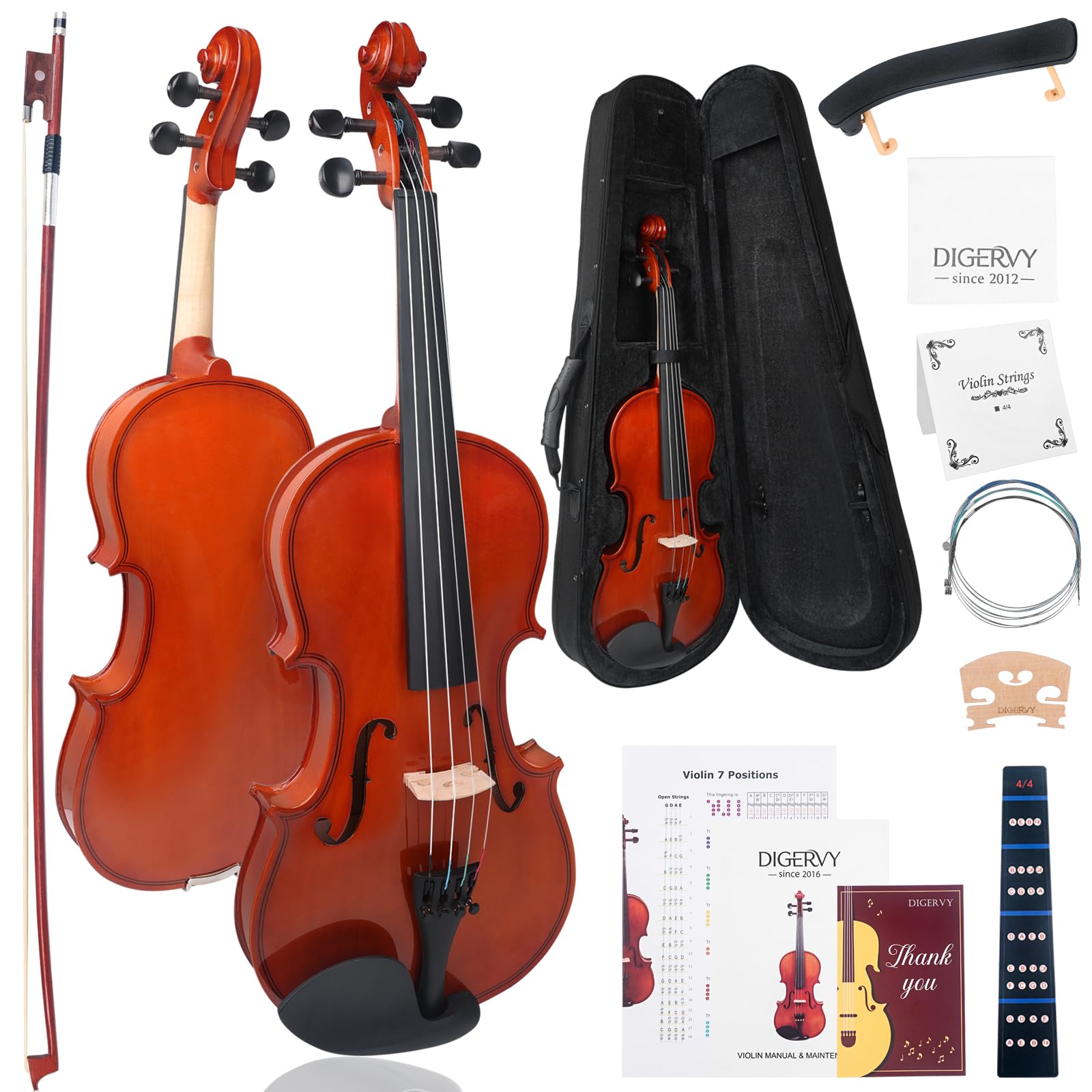 Violin 4/4 Full Size Kit for Beginners, Glossy Violin Fiddle Set for Adults, Students with Violin Case, Bow, Rosin, Fingerboard Sticker, Shoulder Rest, Extra Strings and Bridge(Plywood, Full)