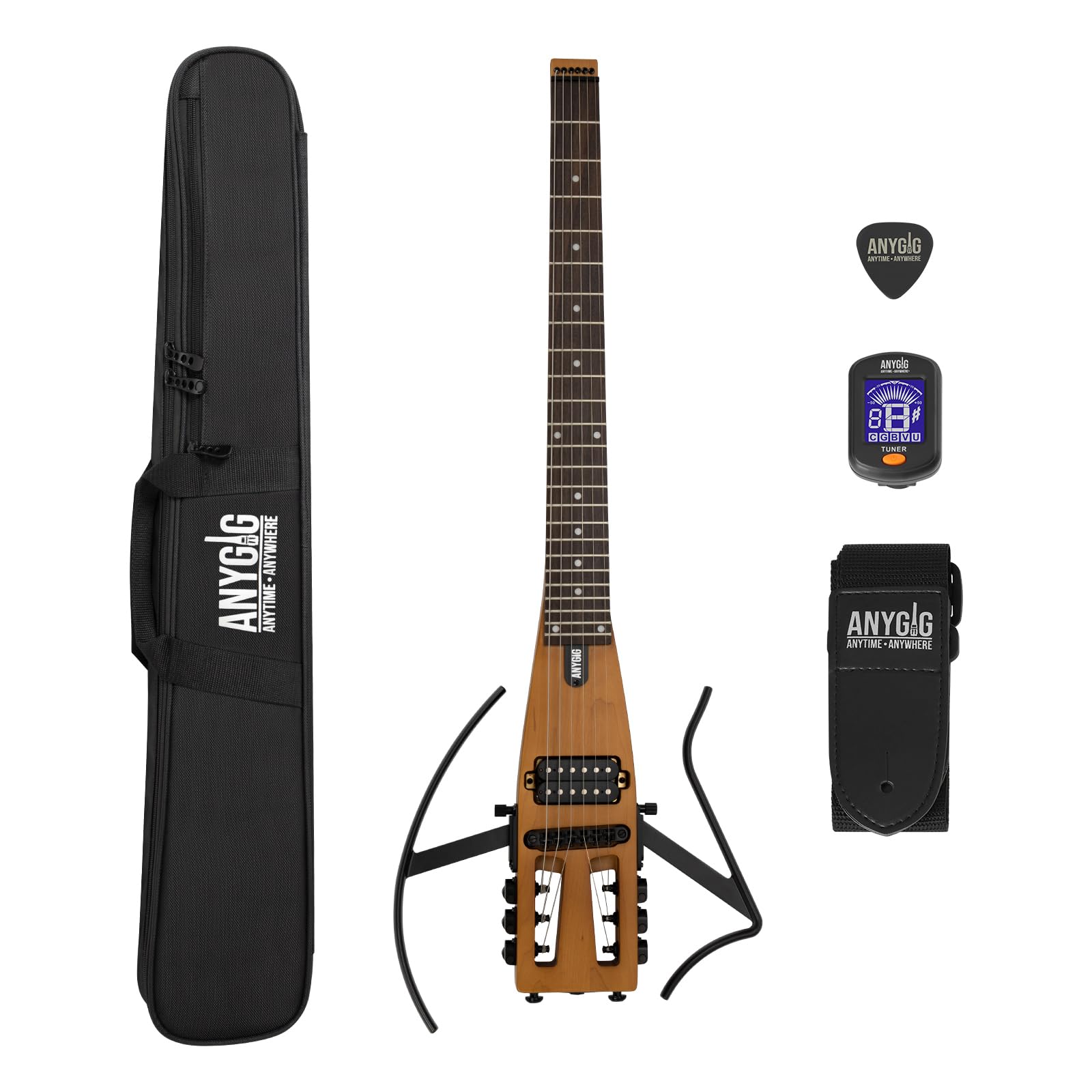 Anygig Travel Electric Guitar Headless – Portable Ultra-Light and Quiet, Full-Scale 25.5” Rosewood Fingerboard, Glow Humbucker, Gig Bag, Removable Stands for Left and Right Black
