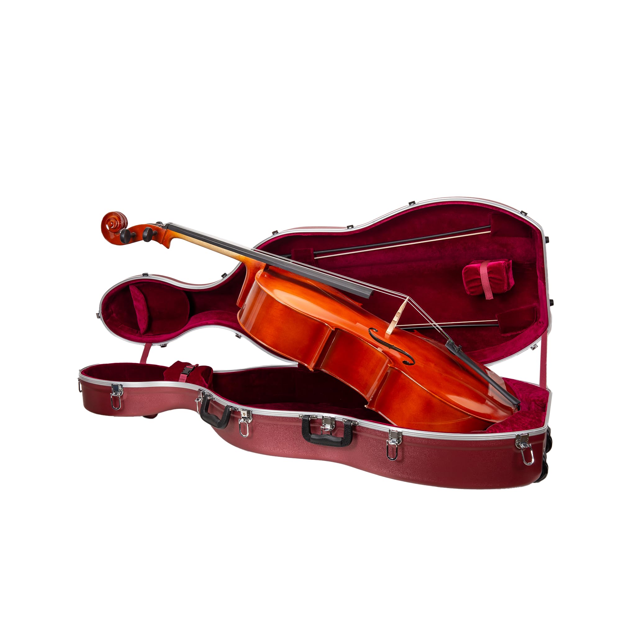 Crossrock ABS Cello Case for 4/4 & 3/4 Size | Wine Red Velvet Interior, Molded Hardshell with Wheels, Lock, Dual Bow Holders & Backpack Straps-Dark Red (CRA862CEFDR)