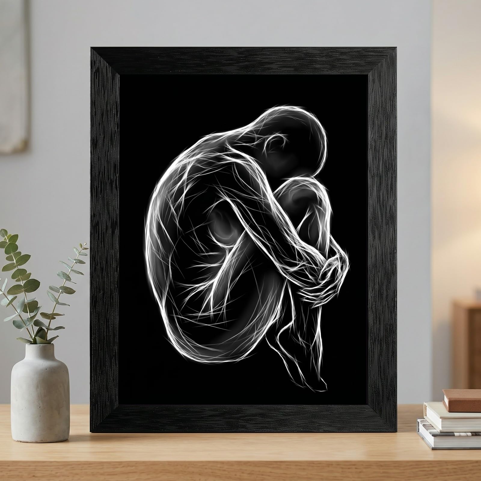 Framed Canvas Wall Art Minimalist Abstract Cello Musical Instrument Electric White Glowing Lines on Black Canvas Print Poster Black Frame Wall Decor for Music Room Studio Modern Art, Inch 24x36