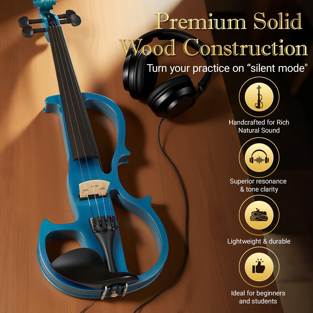 Cobalt Blue Silent Electric Violin 4/4 Full Size, Acoustic-Electric Violin for Beginners & Students, Quiet Practice with Headphones, High-Fidelity Pickup, Complete Starter Kit