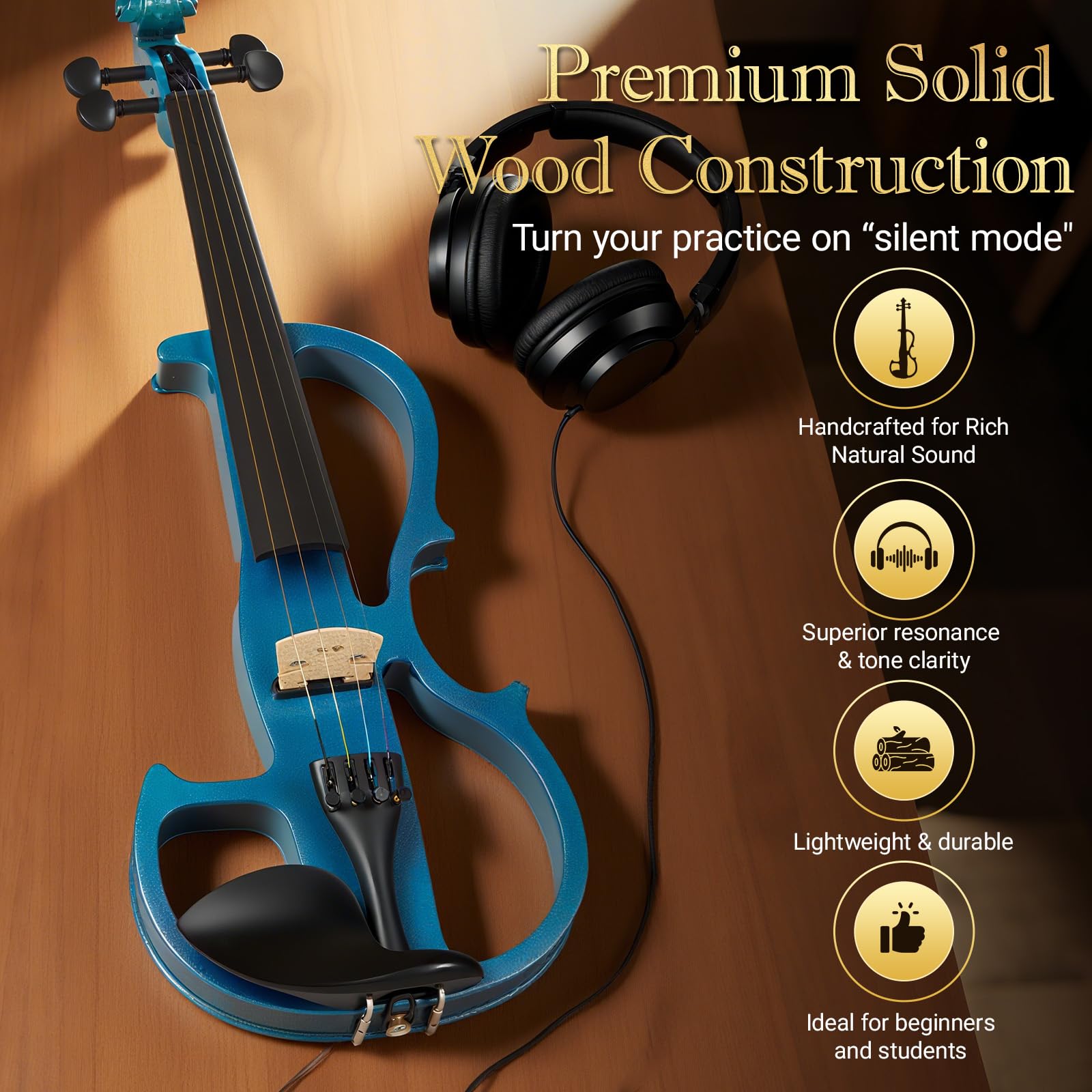 Cobalt Blue Silent Electric Violin 4/4 Full Size, Acoustic-Electric Violin for Beginners & Students, Quiet Practice with Headphones, High-Fidelity Pickup, Complete Starter Kit
