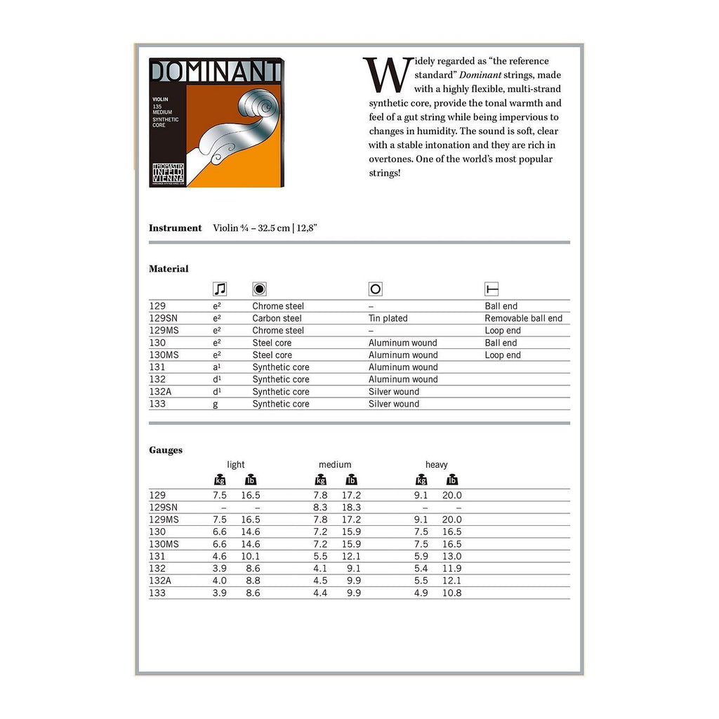 Thomastik-Infeld Dominant Violin String Set, 4/4 Size, Medium Tension - 135B - Synthetic Core A, D, G with Stainless Steel E, Removable Ball - Clear & Balanced Tone, The Reference Standard for Violin