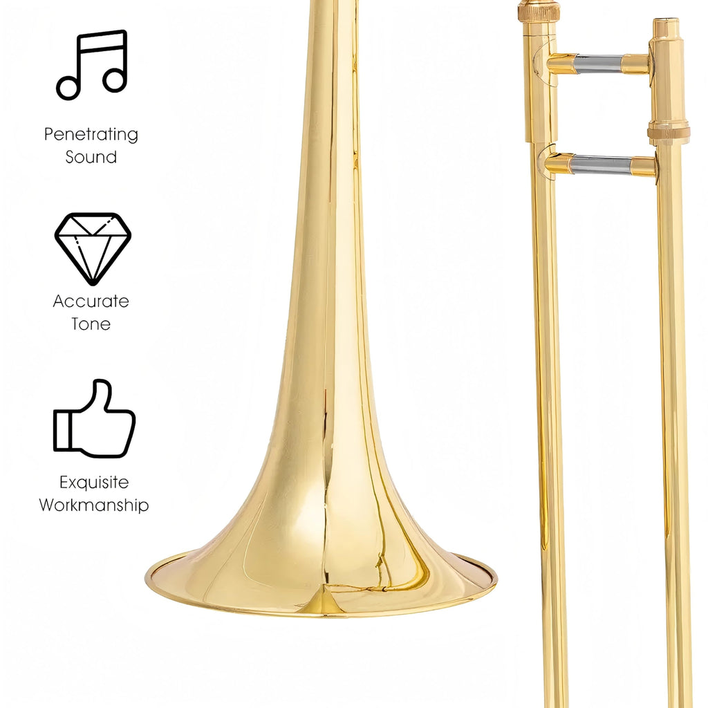 YAYUZEST Bb Tenor Slide Trombone for Students Beginners, B Flat Brass Plated Trombone Instrument with Hard Case Mouthpiece White Gloves and Cleaning Kit (Gold)