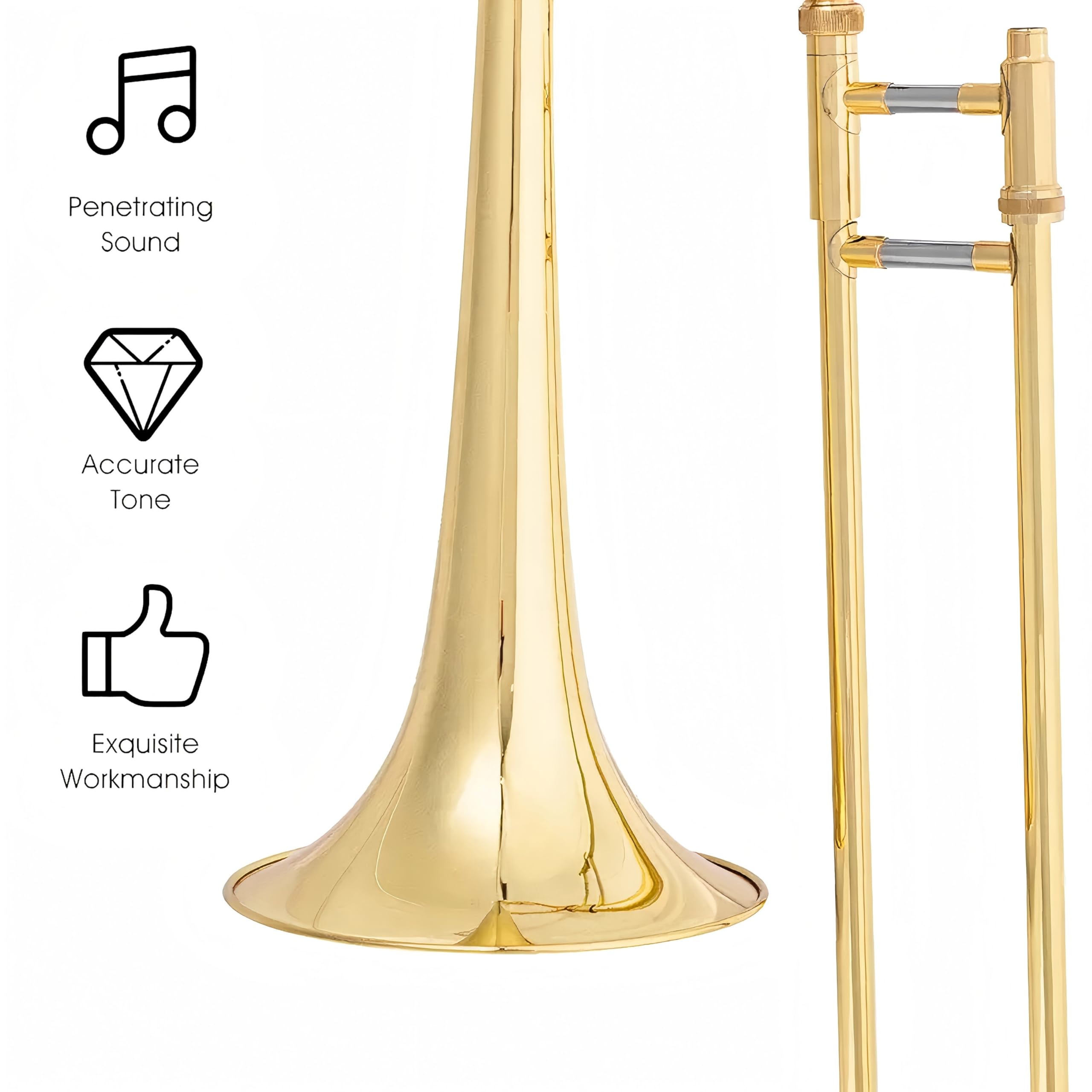 YAYUZEST Bb Tenor Slide Trombone for Students Beginners, B Flat Brass Plated Trombone Instrument with Hard Case Mouthpiece White Gloves and Cleaning Kit (Gold)