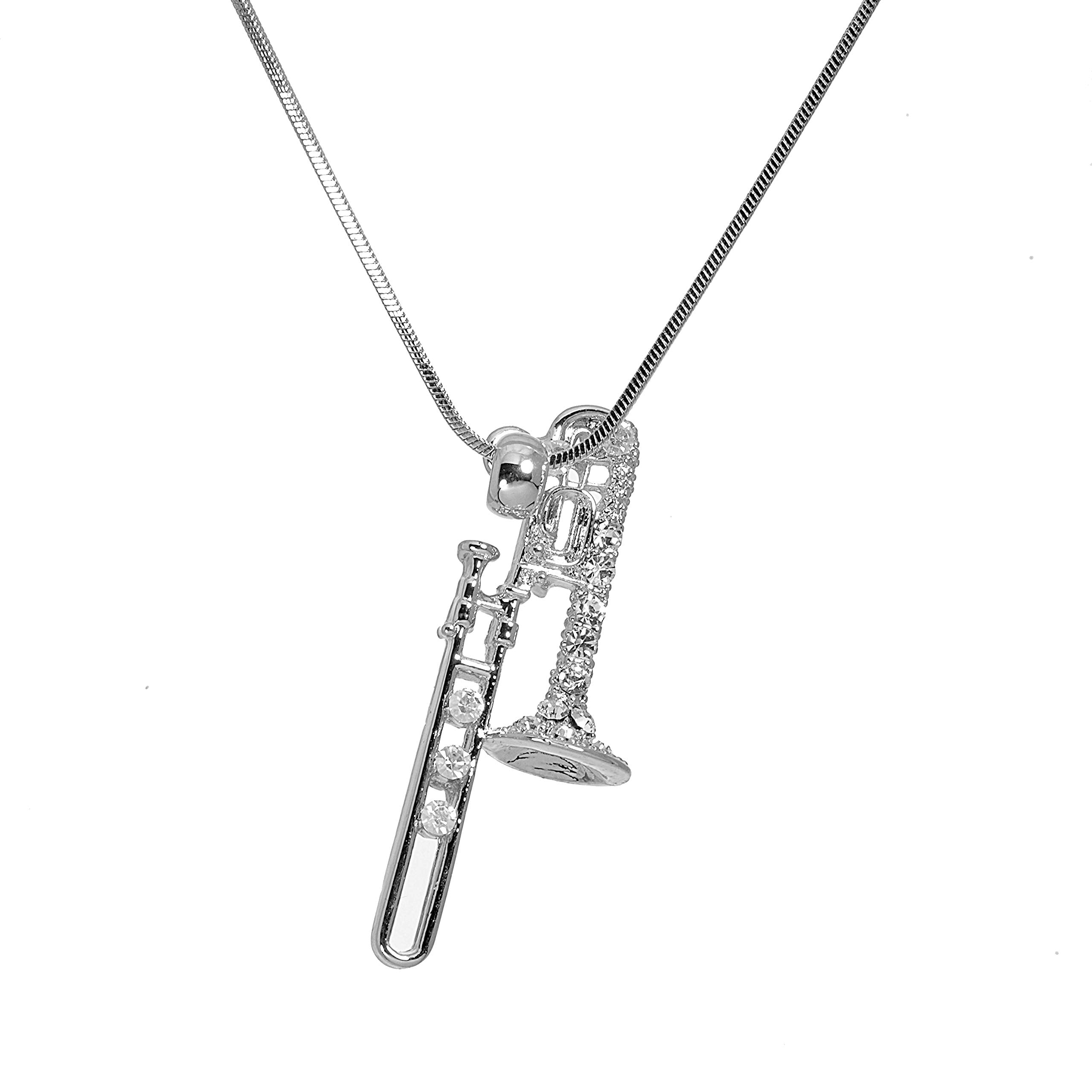 Spinningdaisy Trombone Necklace for Music Lovers, Rhinestone Instrument Pendant, 16” + 2” Extender Snake Chain