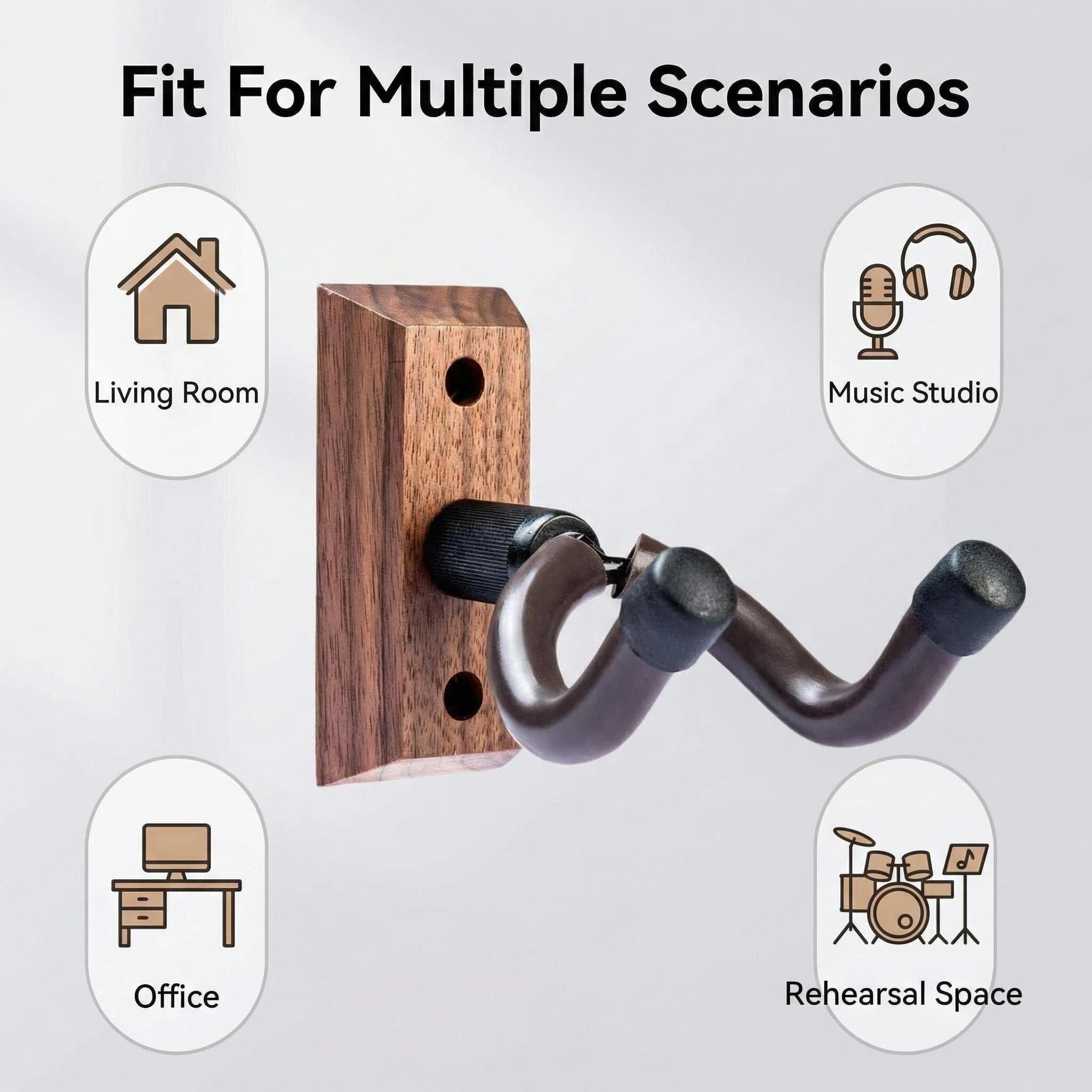 Guitar Wall Mount Hanger Brown Walnut 4 Pack, Guitar Wall Hangers Hooks Holder Stand Display with Screws - Easy to Install - Fits Guitars, Bass, Mandolin, Banjo