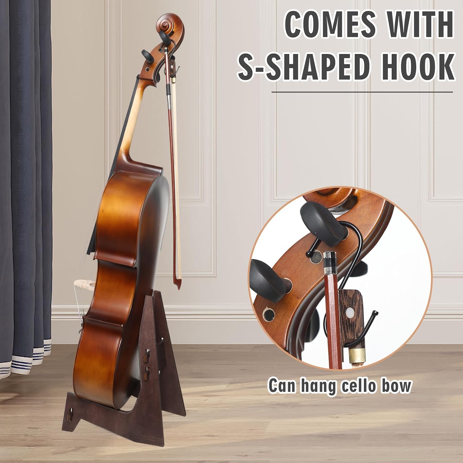 Cello Stand, Wooden Cello Stand with Bow Holder,Detachable full-size cello stand.Stand for 1/2, 1/4, 3/4, 1/8, 7/8 Cello
