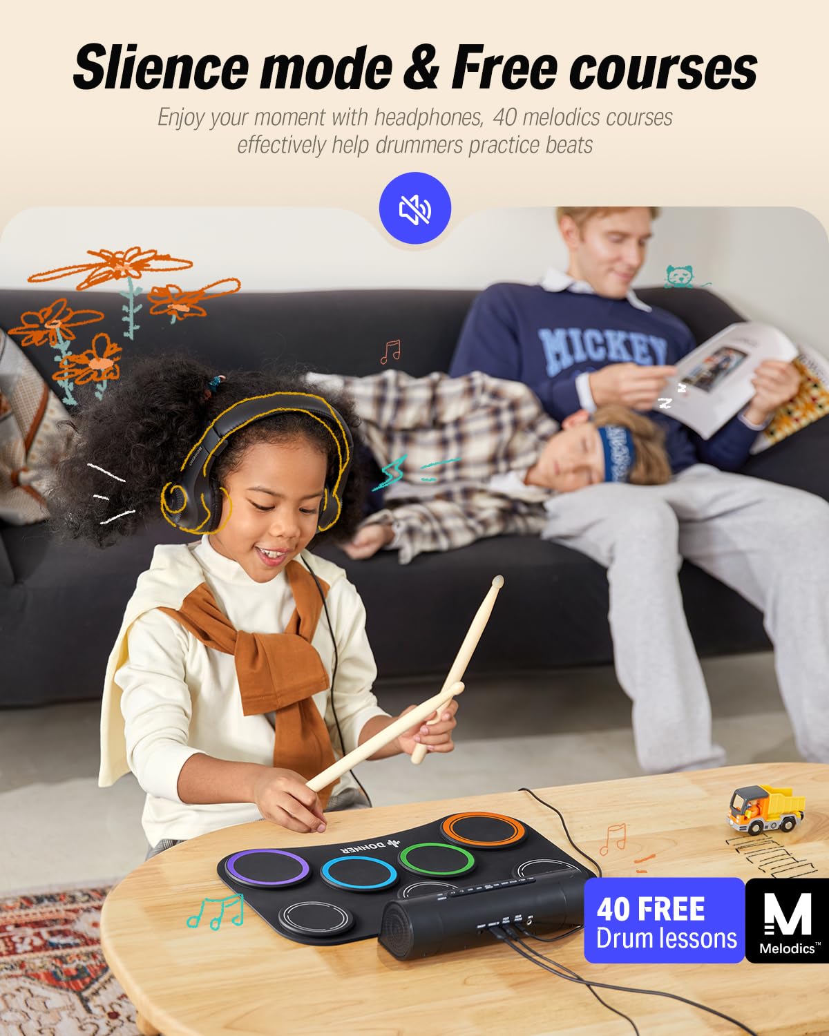 Donner Electronic Drum Set, 7 Pads Electric Drum Pad Roll Up Quiet Drum Pad Built-in Speaker, 40 Drum Lessons Included, Kids Holiday Christmas & Birthday Gift Instrument Toys(DED-20)