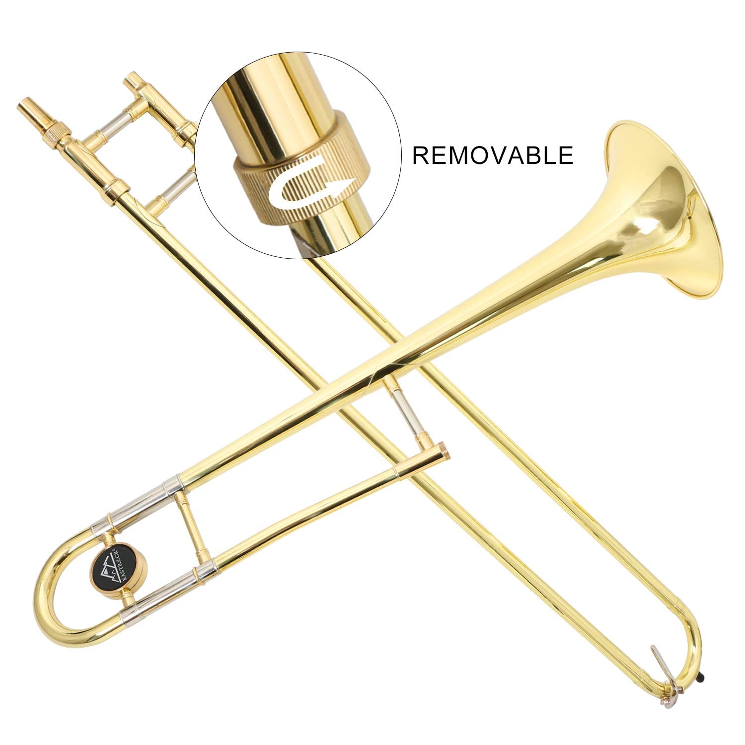 EASTROCK Bb Tenor Slide Trombone, B Flat Brass Plated Trombone Instrument for Beginners Students with Hard Case, with Mouthpiece, White Gloves (12.5mm/200 mm), Golden