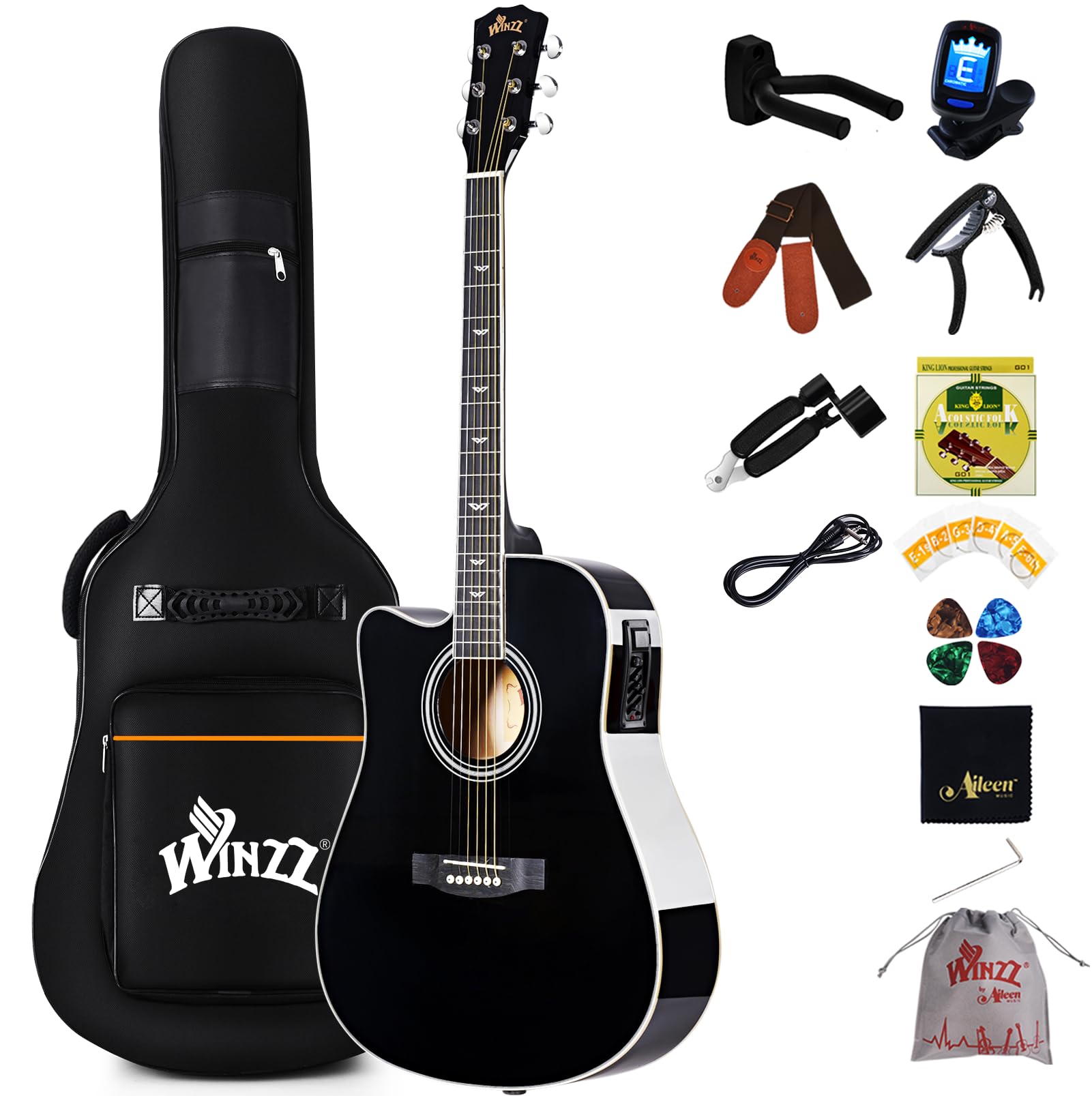 Winzz 4/4 Electro Acoustic Guitar, Left-Handed Western Guitar Set, Adult Beginners, Acoustic Guitar 41 Inch with 4-Band Equaliser (Dreadnought,Glossy Sunburst)
