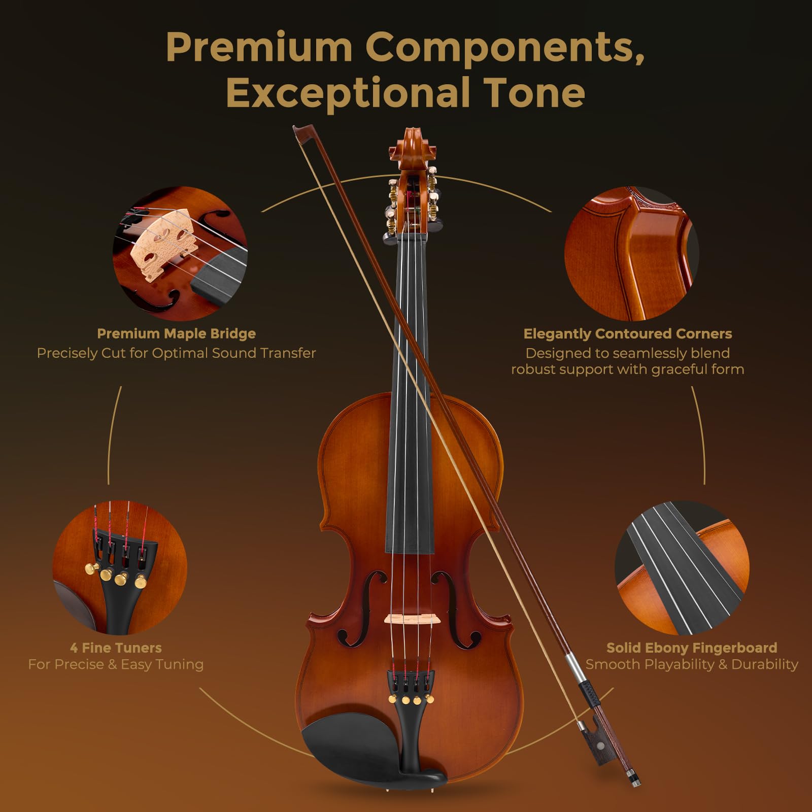 Vangoa Violin 4/4 Full Size Set, Handcrafted Entry Level Acoustic Violin Set with Lightweight Hard Case, Suitable for Beginners, Teens, 12+, Adults, Right Handed Players