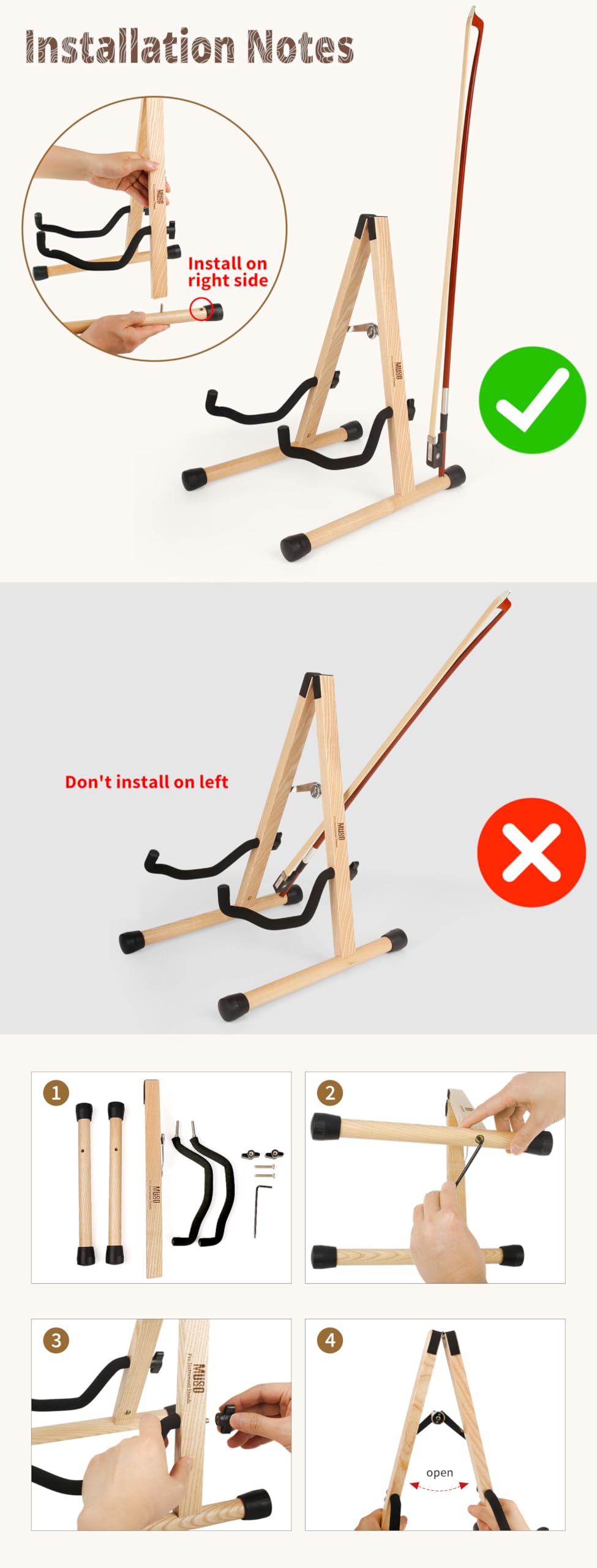MUSO Cello Stand with Bow Holder,A-Frame Floor Stand with Padded Foam, Handcrafted Cello Rack Fits 1/2, 3/4, 7/8, 4/4 Full-Size and Guitar, Instrument Holder for Home and Studio Display