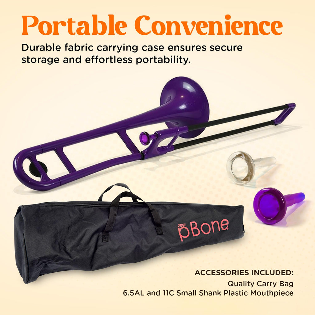 pBone Bb Plastic Trombone - Lightweight pInstruments Design with Ergonomic Grip - Includes Mouthpieces & Carrying Bag - Authentic Bb Sound for Students & Beginners - Durable ABS - Purple