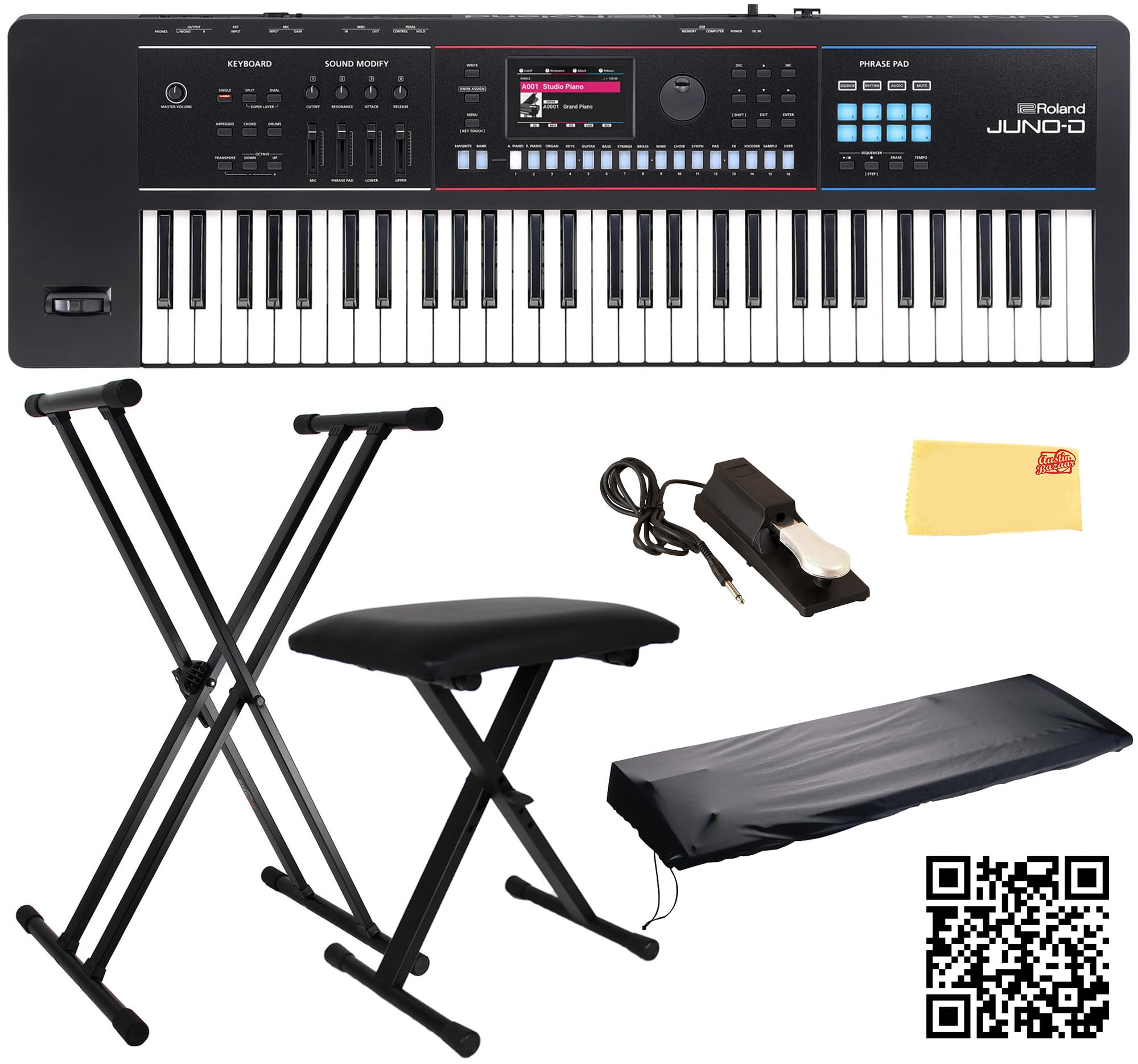 Roland JUNO-D8 Synthesizer Bundle with Adjustable Stand, Bench, Sustain Pedal, Cover, Austin Bazaar Instructional Video, and Polishing Cloth