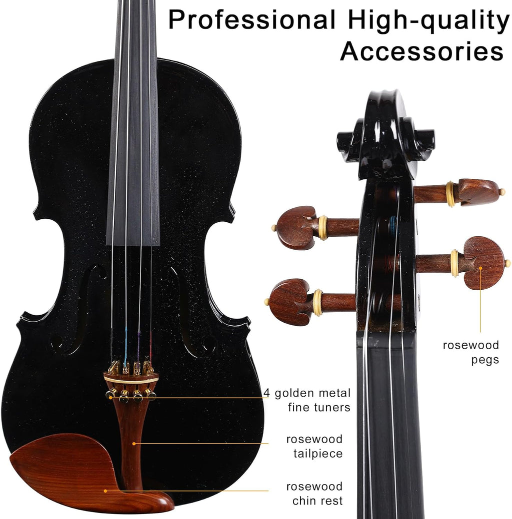 Black Violin 4/4 Full Size Complete Set for Adults Teenagers Students,Solid Maple Wood Violins with Rosewood Fittings,Case,Spare strings,Bow,Rosin,Shoulder Rest,Professional Violin for 11+years Gift