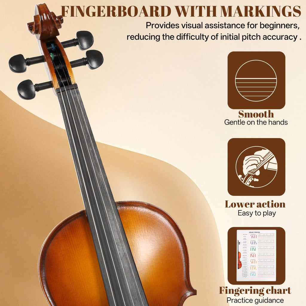 Kmise Violin 4/4 Full Set, Fingerboard Fret Markings Violins, Matte Acoustic Fiddle for Adults, Beginners, Students with Violin Case, Rosin, Strings, Bow, Shoulder Rest, Beginner's Guide (Matte, 4/4)