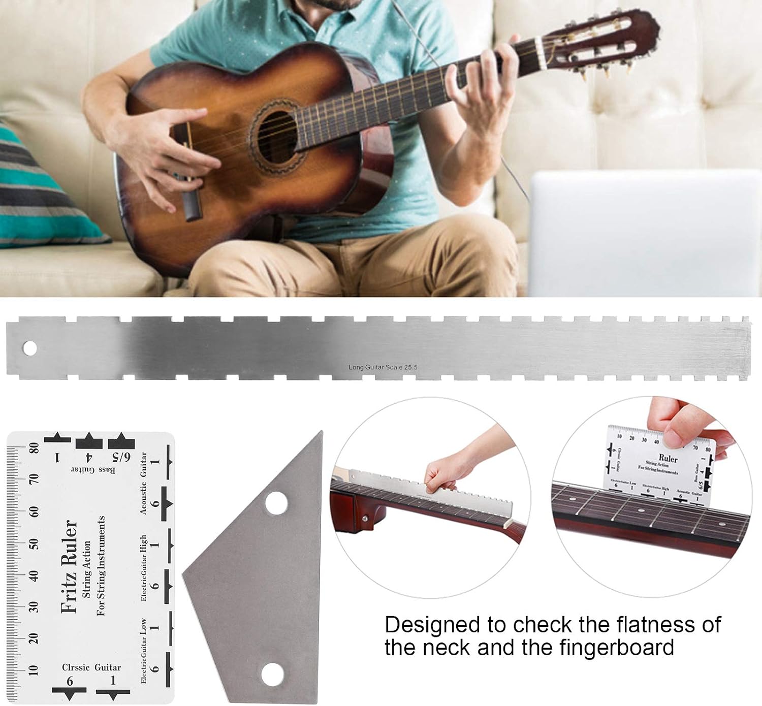 Generic Guitar Ruler Set with Stainless Steel Straight Edge for String Action Measurement and Fret Leveling Tools, 3 Pieces for Electric Guitars