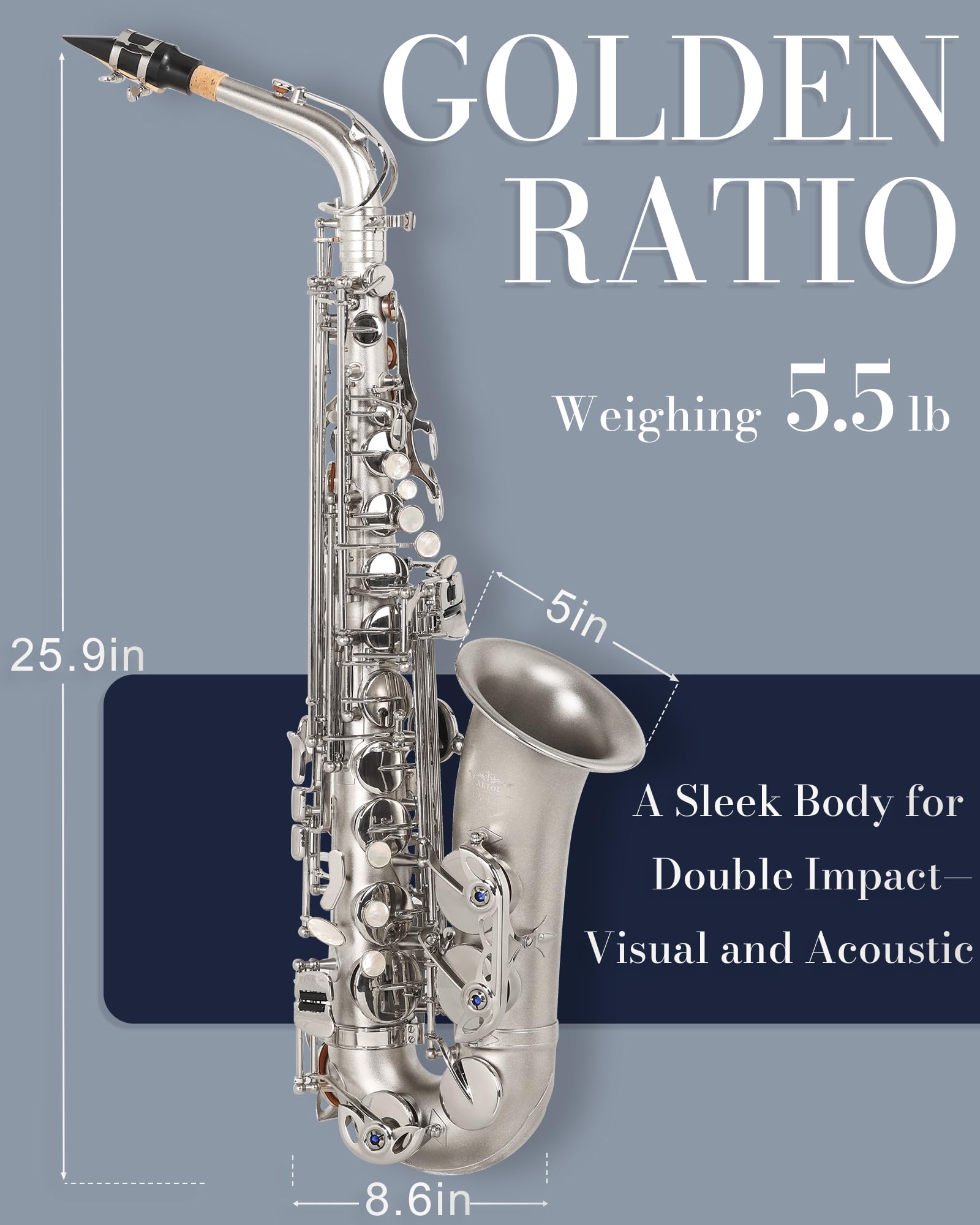 AKLOT Handcrafted E-Flat Alto Saxophone: Matte Silver Brass Body with Warm, Rich Tone, Secure Air Seal, Smooth 23-Key System, Includes Reeds, Premium Leather Case and Saxophone Cleaning Kit (CH-FM)