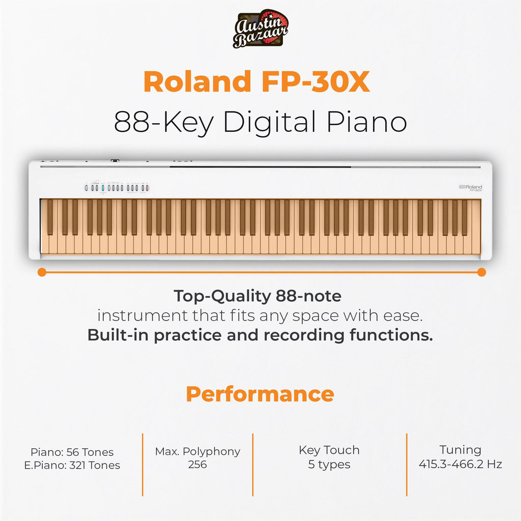 Roland FP-30X 88-Key Digital Piano - Black Bundle with Adjustable Stand, Bench, Sustain Pedal, Online Piano Lessons, Instructional DVD, and Austin Bazaar Polishing Cloth