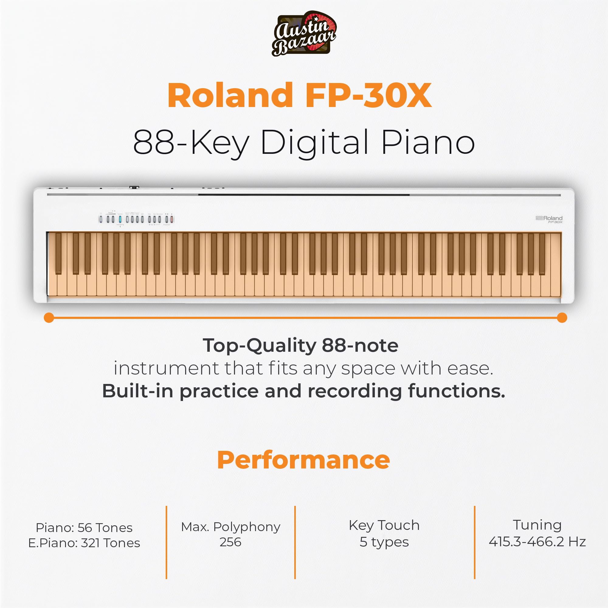 Roland FP-30X 88-Key Digital Piano - Black Bundle with Adjustable Stand, Bench, Sustain Pedal, Online Piano Lessons, Instructional DVD, and Austin Bazaar Polishing Cloth