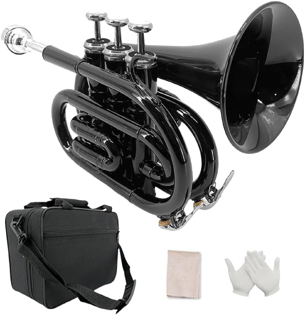 Pocket Trumpet Bb Flat Brass Trumpet for Beginner Student with 7C Mouthpiece Carrying Hard Case Cleaning Cloth Gloves