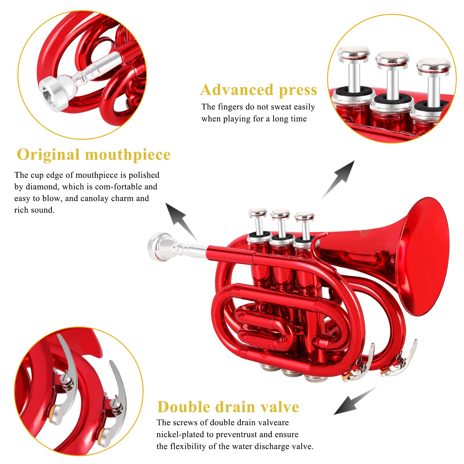 EastRock Pocket Trumpet Brass Bb Nickel Plated Trumpet with 7 C Mouthpiece, Hard Case, Strap, White Gloves, Cleaning Kit for Students and Beginners