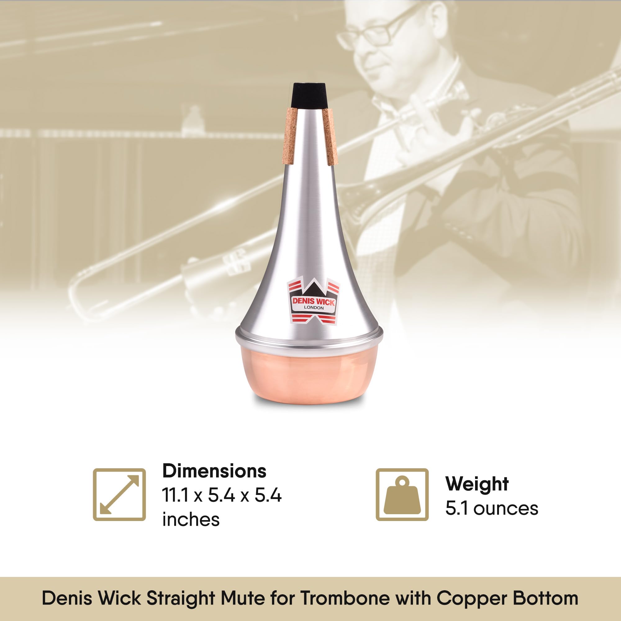 Denis Wick Trombone Straight Mute - Aluminum Mute for Trombone - Accessories for Brass Instruments - Low Tone Register - 3.9 x 6.3 x 1.6 inches