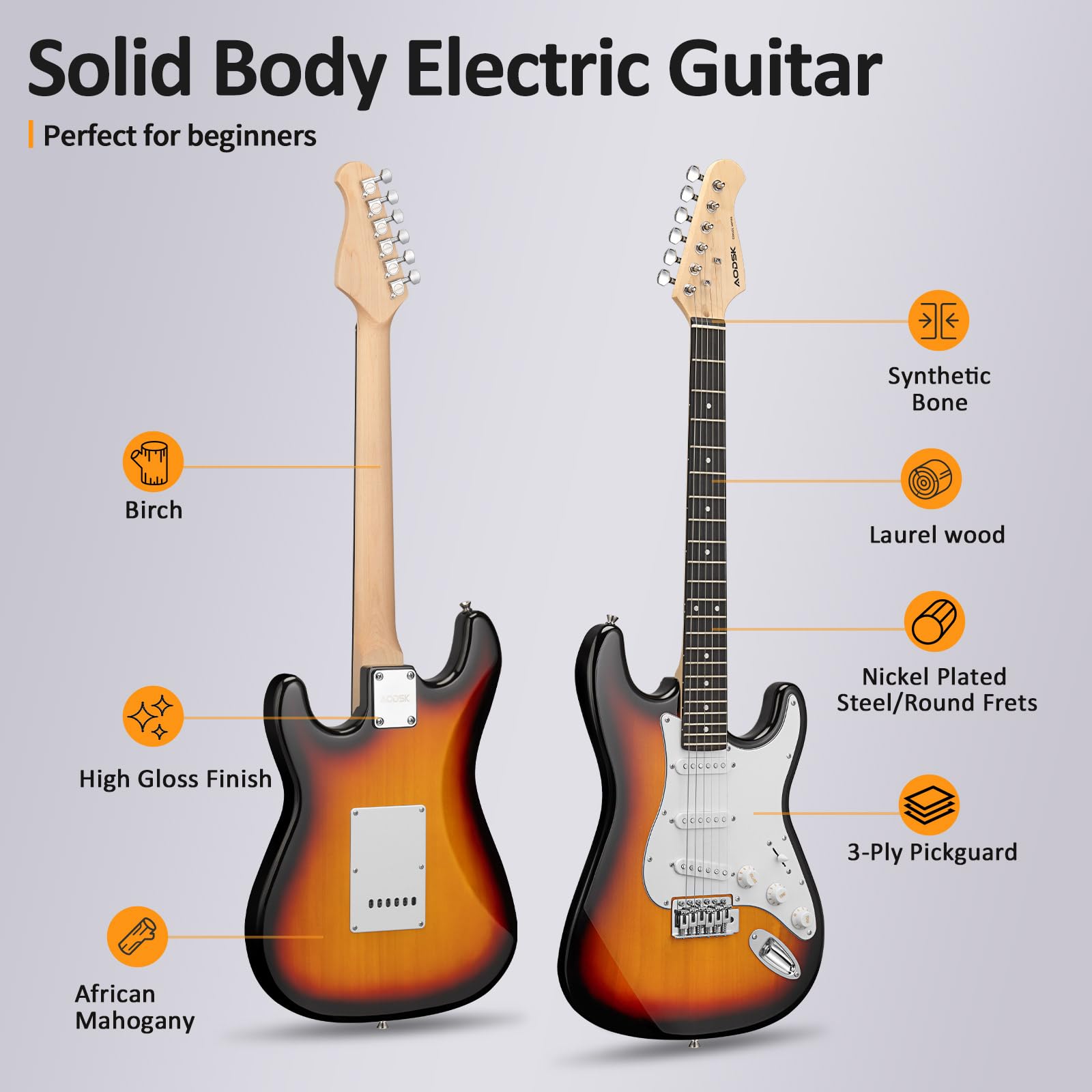 AODSK Electric Guitar with Amp Beginner Kit 39 Inch Solid Body Full Size,All Accessories,Digital Tuner,Six Strings,Four Picks,Tremolo Bar,Strap,Gig Bag,Starter kit (Blue-HSS)