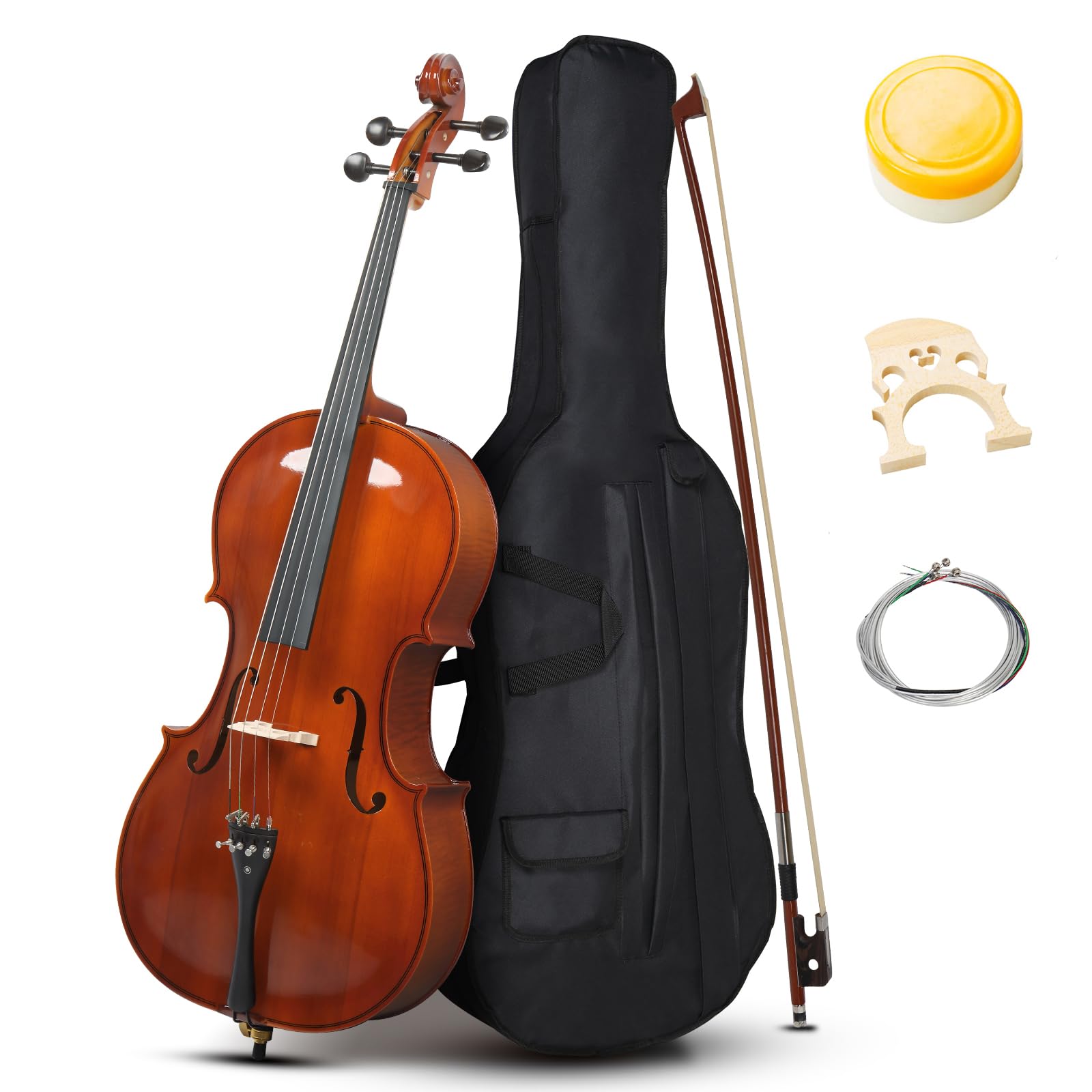 4/4 Full Size Cello Set,Professional Handmade Solid Wood Acoustic Cello with Portable Bag,Bow,Rosin,Cello Musical Instrument for Beginners & Adults (Natural)