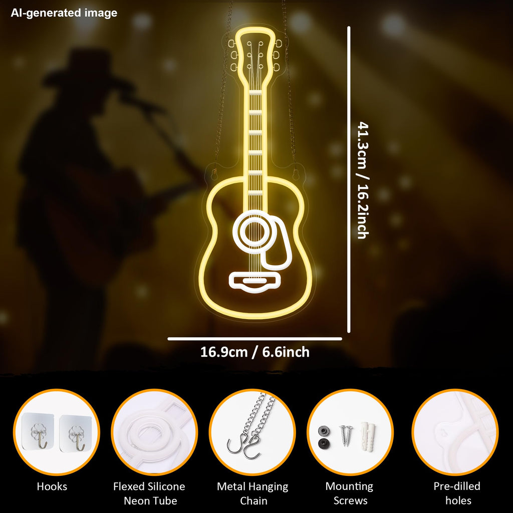 CoolGift Mart Acoustic Guitar Neon Light, Dimmable LED Guitar Neon Wall Sign USB Powered, Decorations for Bedroom Living Room Man Cave Music Studio, Gift for Guitar Players Guitarists Music Lovers