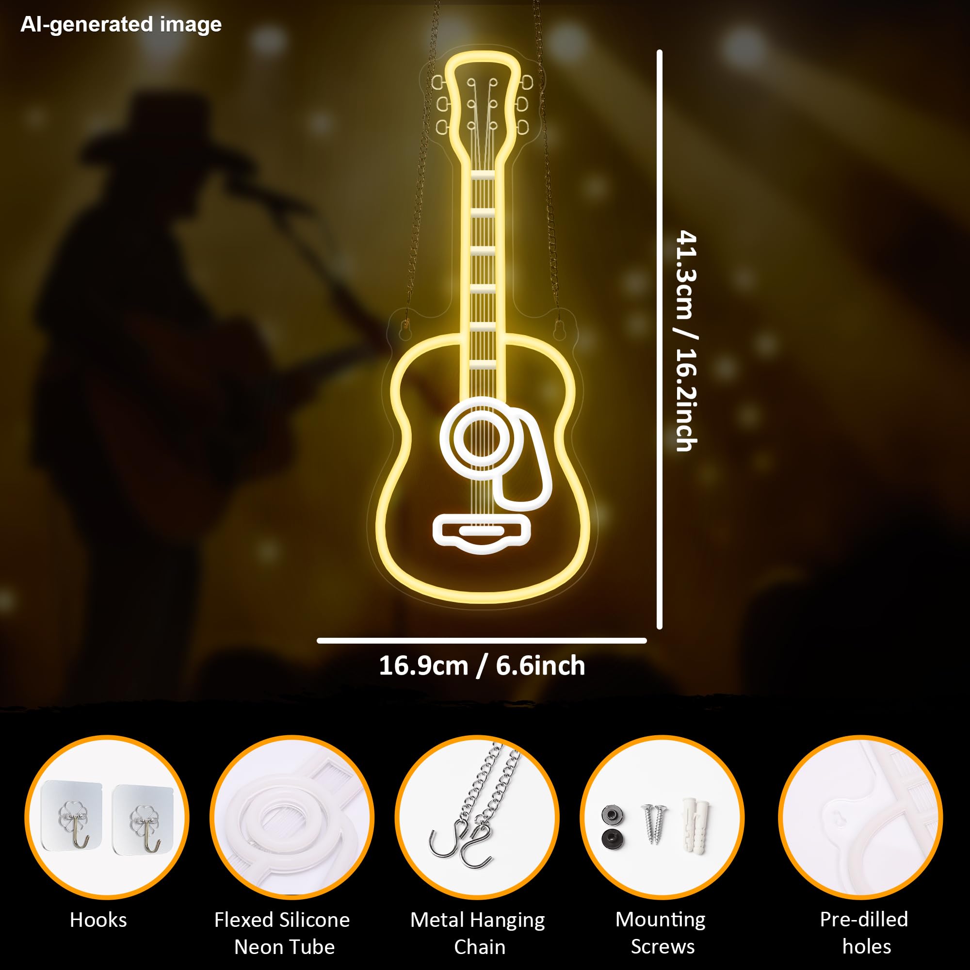 CoolGift Mart Acoustic Guitar Neon Light, Dimmable LED Guitar Neon Wall Sign USB Powered, Decorations for Bedroom Living Room Man Cave Music Studio, Gift for Guitar Players Guitarists Music Lovers