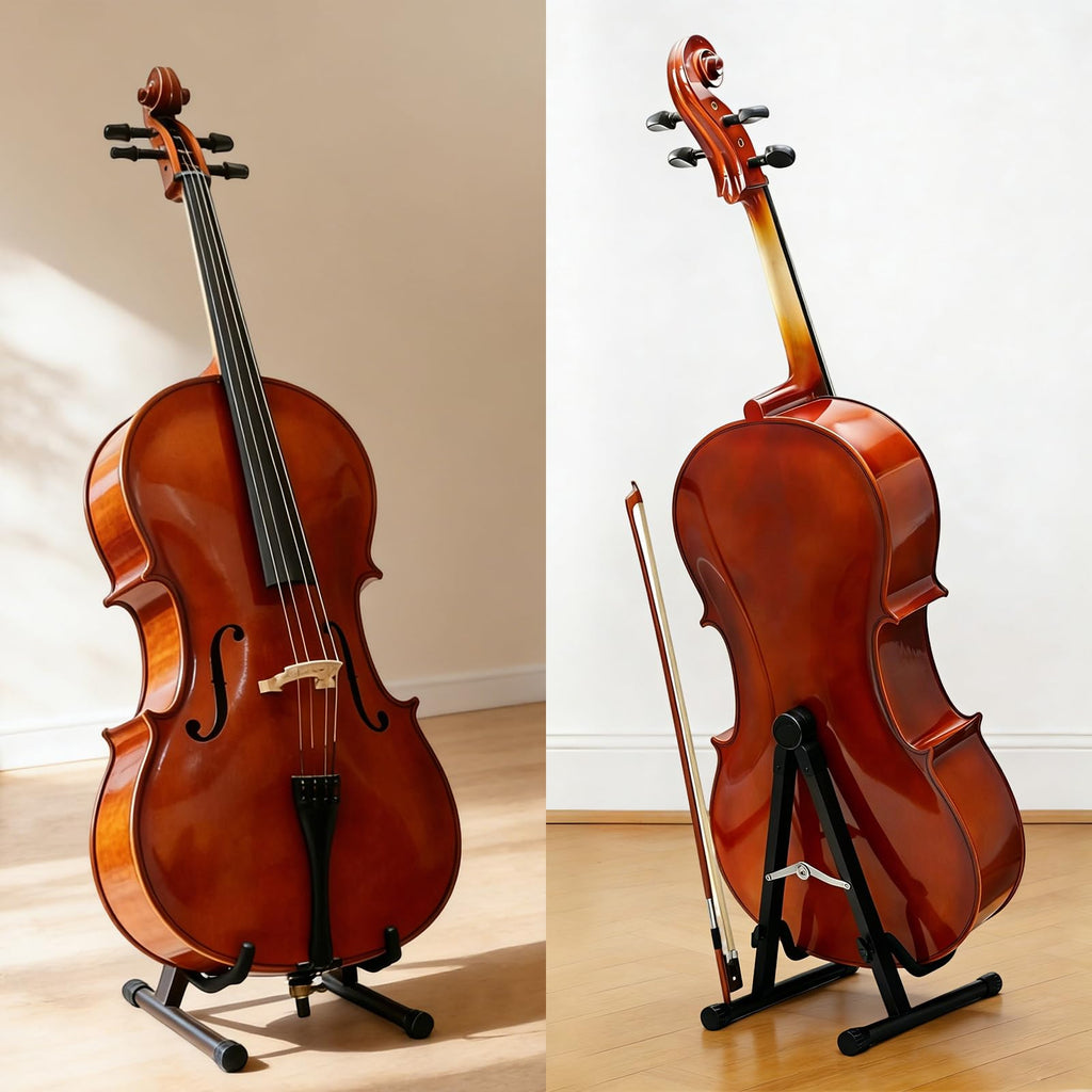Cello Stand with Bow Holder, Wooden Stand for 1/2, 3/4, 7/8, 4/4 Full-Size, A-Frame Floor Cello Stand with Padded Foam and Non Slip Pad, Cello Display Stand (Black Walnut)