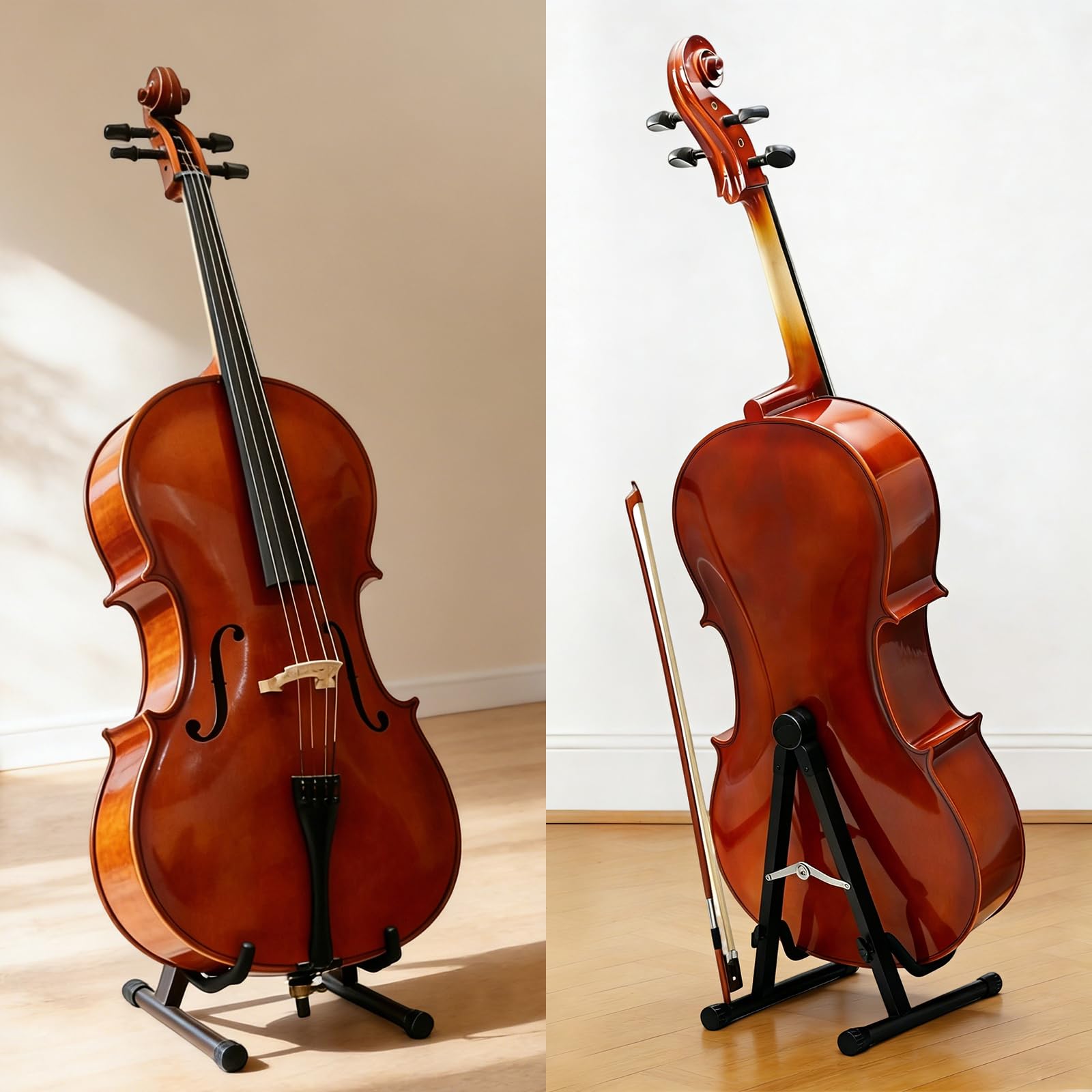 Cello Stand with Bow Holder, Wooden Stand for 1/2, 3/4, 7/8, 4/4 Full-Size, A-Frame Floor Cello Stand with Padded Foam and Non Slip Pad, Cello Display Stand (Black Walnut)
